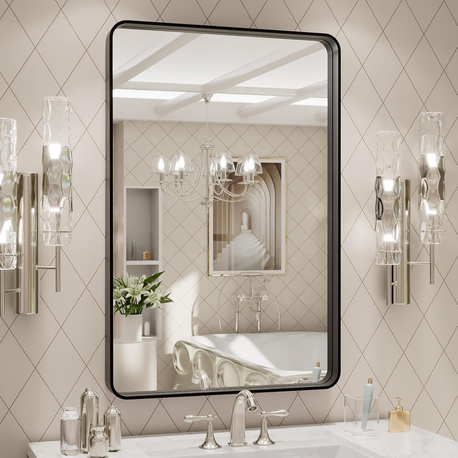 LOAAO 24X30 Inch Black Metal Framed Bathroom Mirror for Wall, Matte Black Bathro...