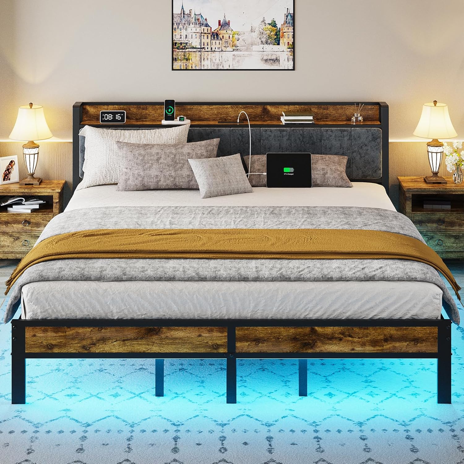 King Size Bed Frame with Smart LED Lights, Storage Headboard with USB Charging S...