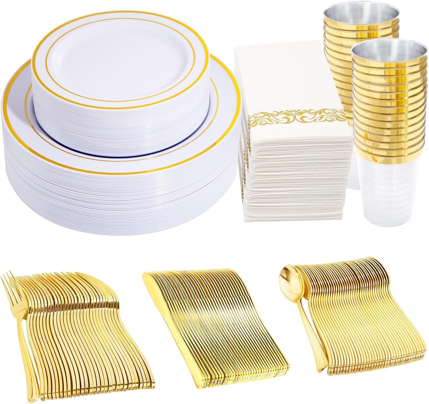 350 Pieces White and Gold Plastic Plates - 50 Guest Dinnerware Set Include 100 P...