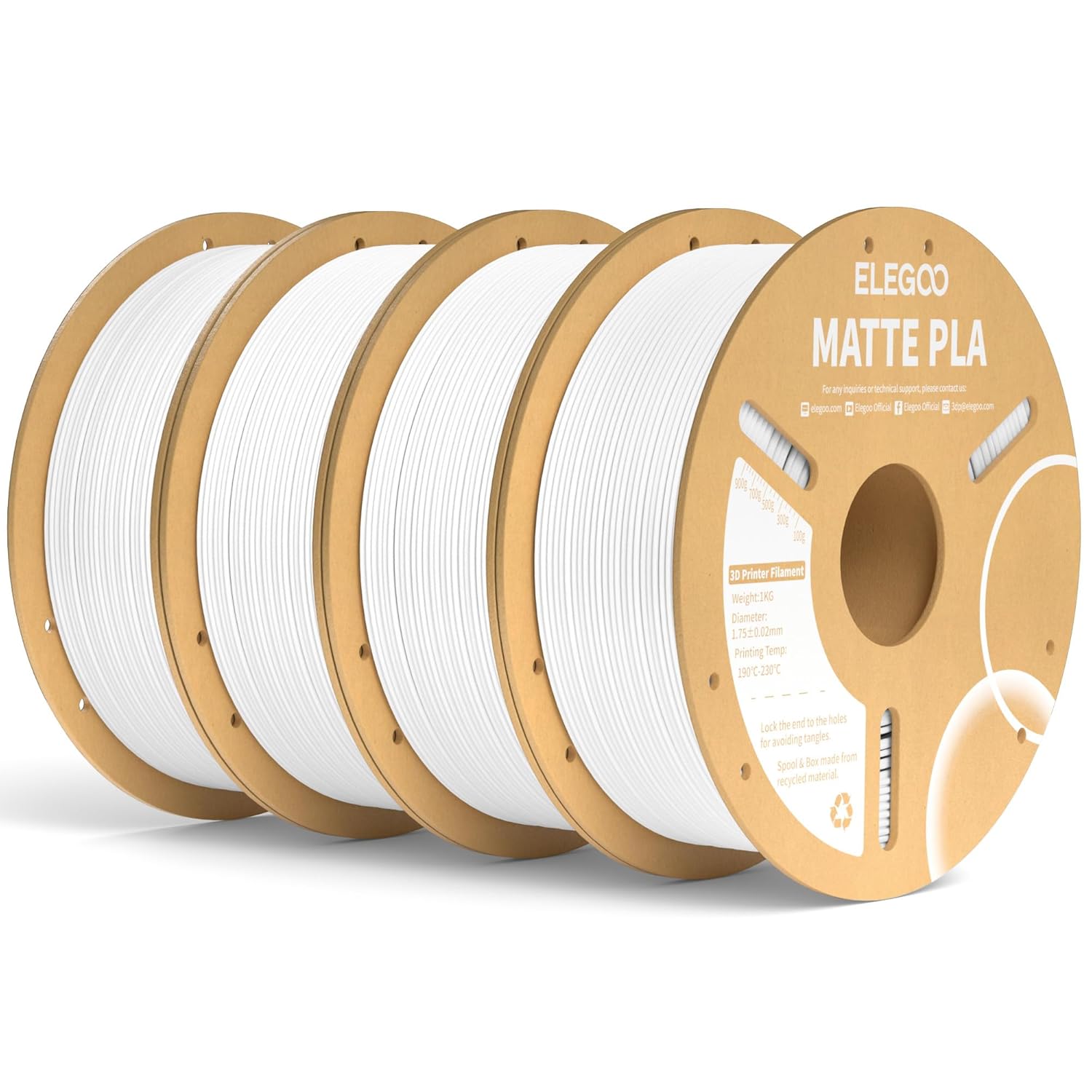 ELEGOO Matte PLA Filament White 4KG, 1.75mm 3D Printer Filament Dimensional Accu...