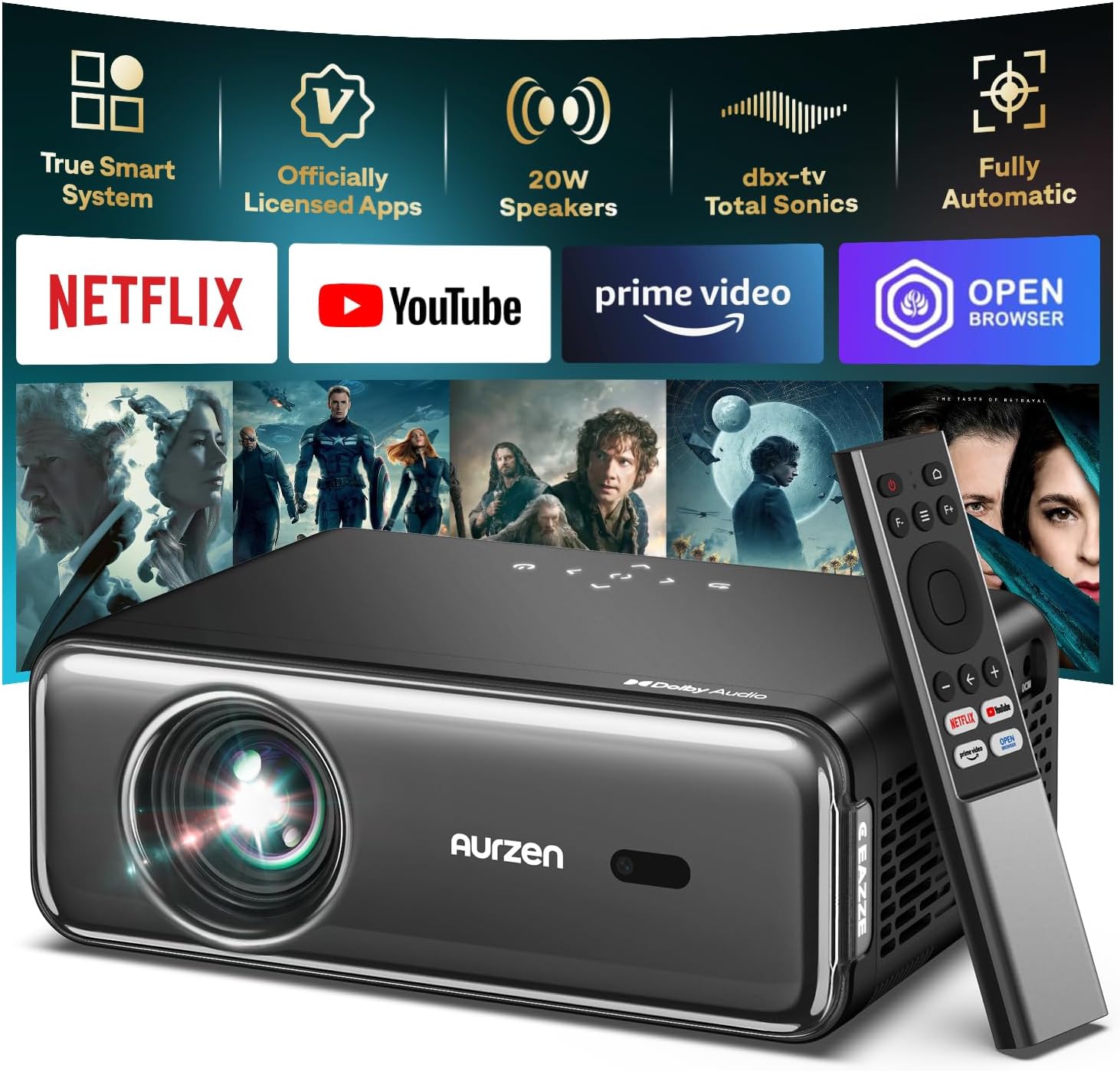 2025 Smart Projector with Dolby Audio ＆ NetfIix Officially, Auto Focus & Keysto...