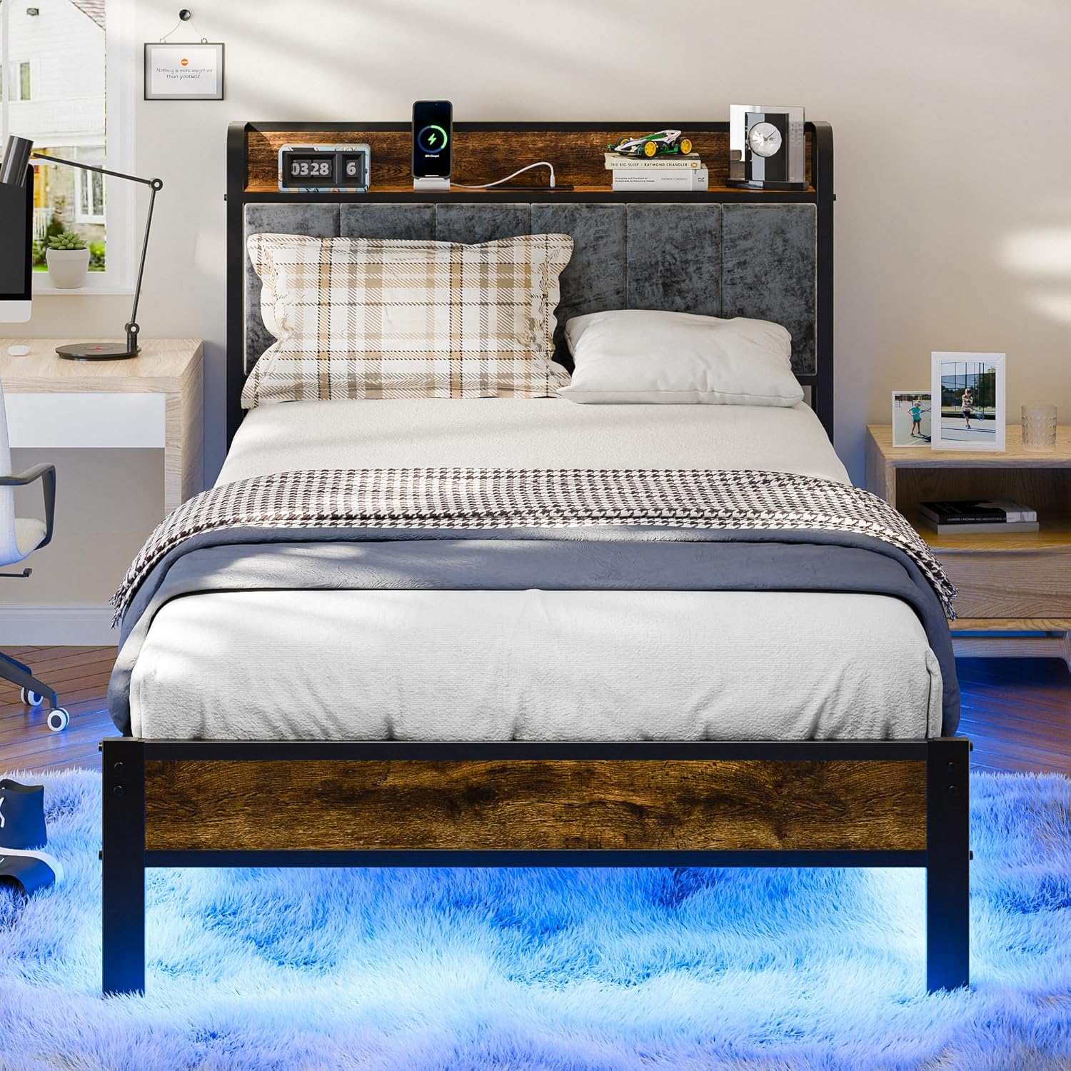 Twin Bed Frame, Smart Bed with LED Lights, Innovative Metal Platform Bed with St...