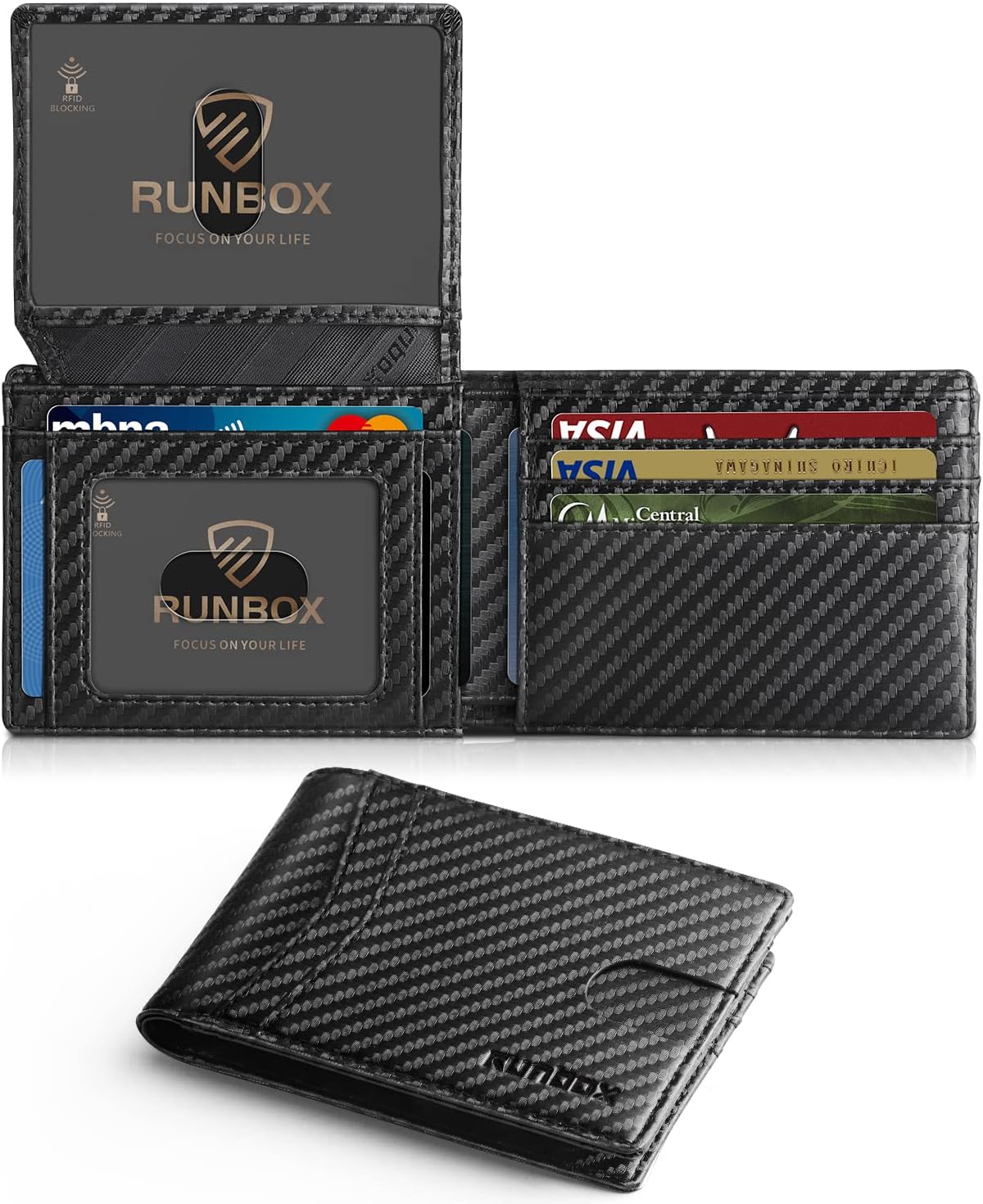 RUNBOX Wallet for Men Slim Rfid Leather 2 ID Window With Gift Box Carbon Black-1...