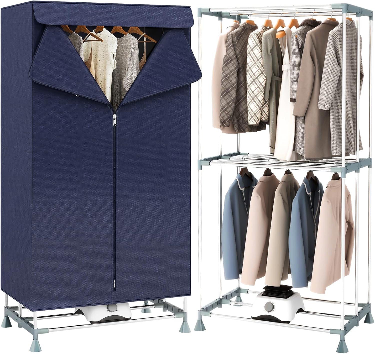 YORKING 1500W Heated Clothes Airer with Cover, 2-Tier Stainless Steel Foldable E...