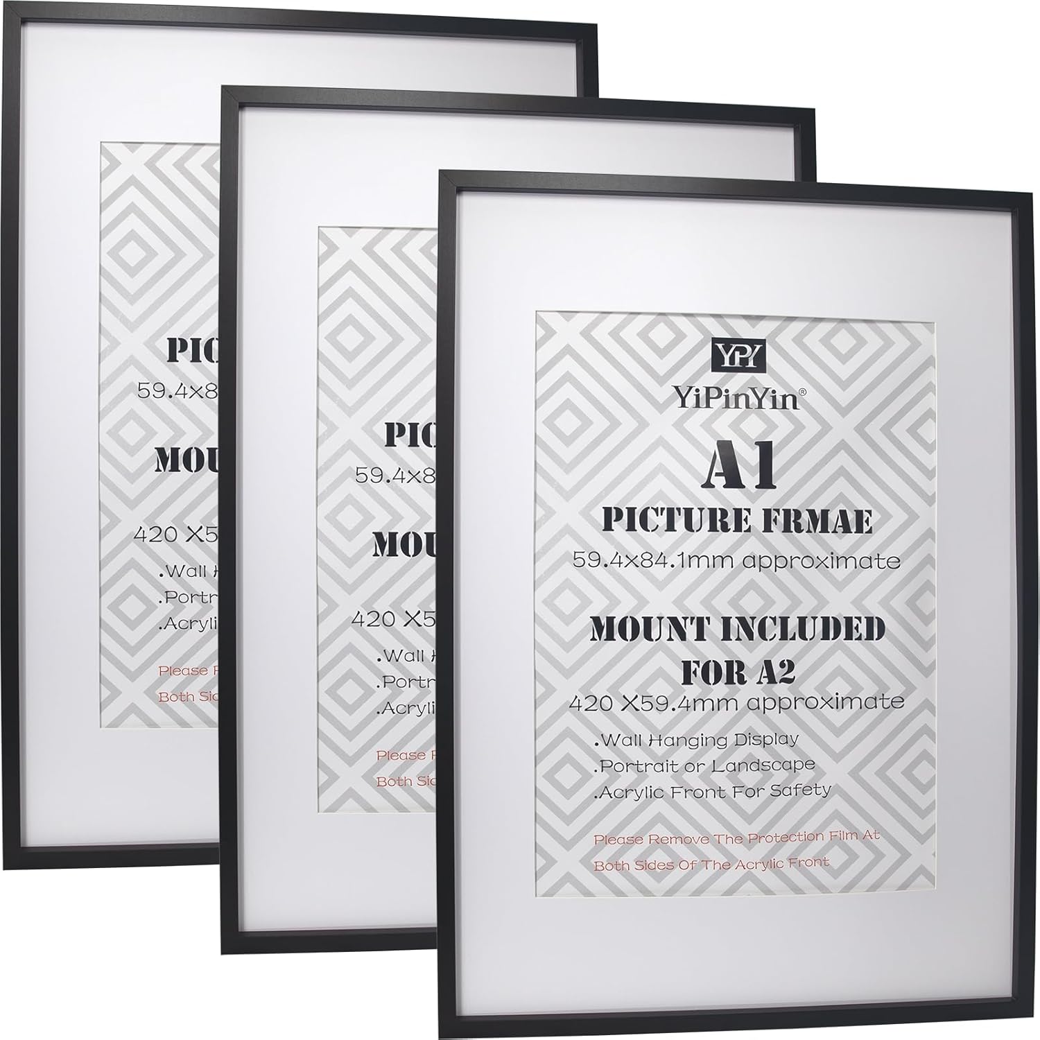 Black A1(59.4x84.1cm) Gallery Picture Frames Set of 3 with Mounts for A2(41x58.4...