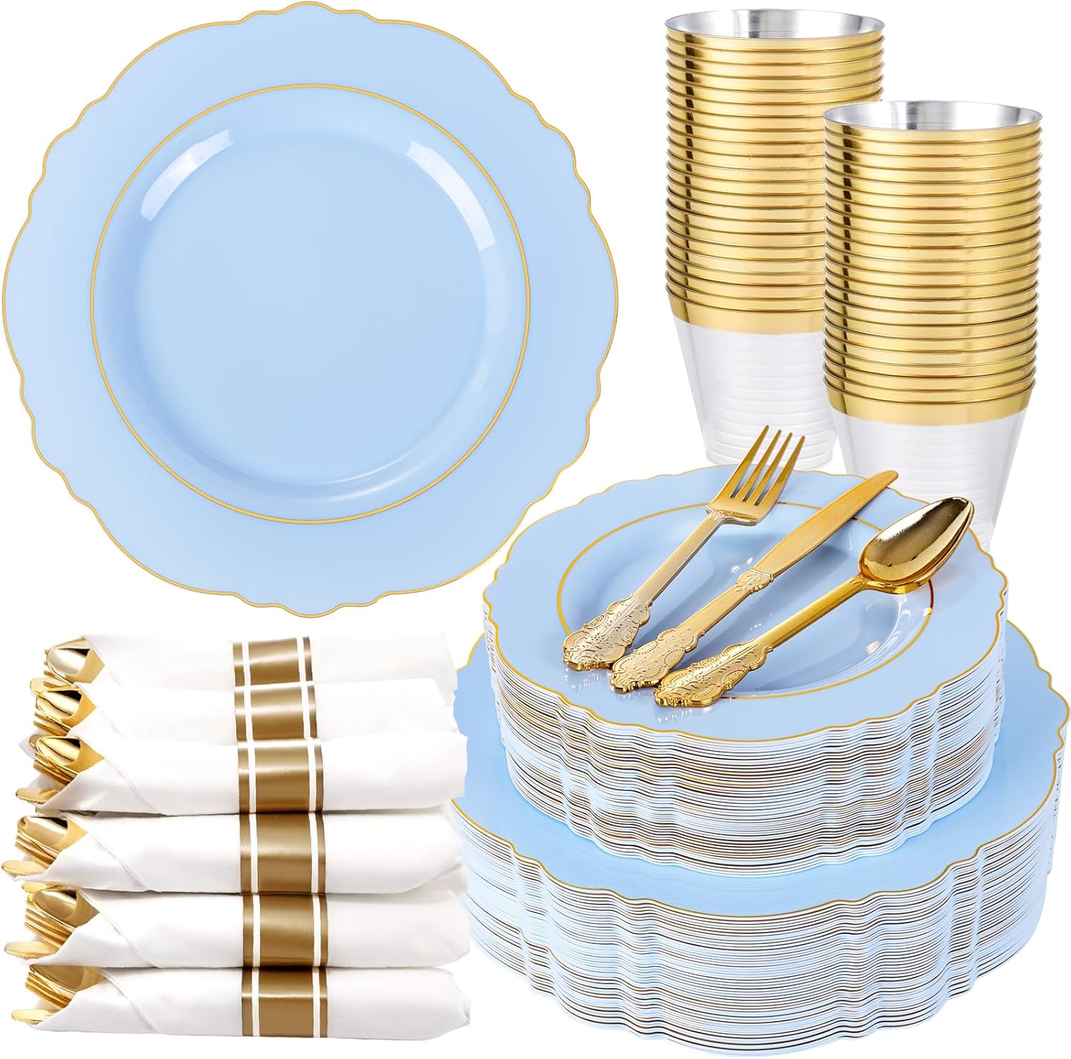 Liacere Disposable Dinnerware Set, Special 350PCS Blue Plastic Plates and Gold D...