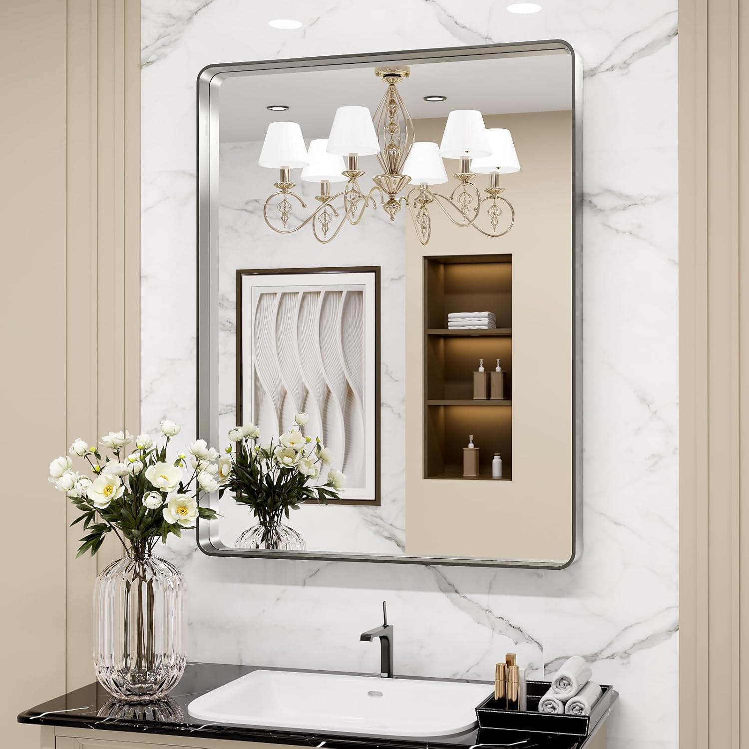 Premium LOAAO Bathroom Mirror, Elegant Brushed Nickel Mirror with Rounded Rectan...