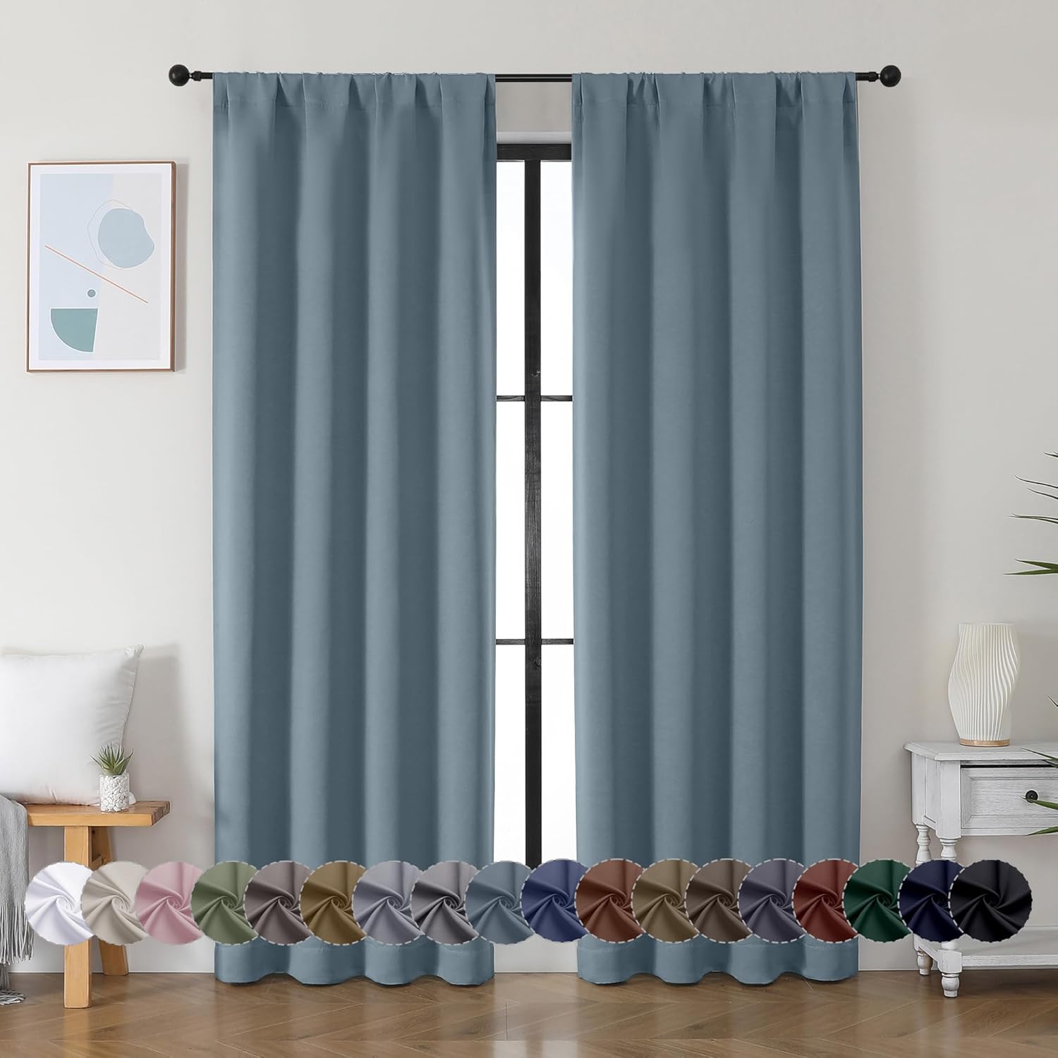 Elegant Simplebrand Ava Stone Blue Curtains, Premium Blackout Curtains for Bedro...