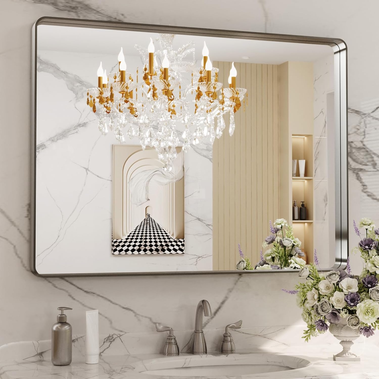 High-Quality LOAAO 40X32 Inch Bathroom Mirror, Unique Brushed Nickel Mirror with...