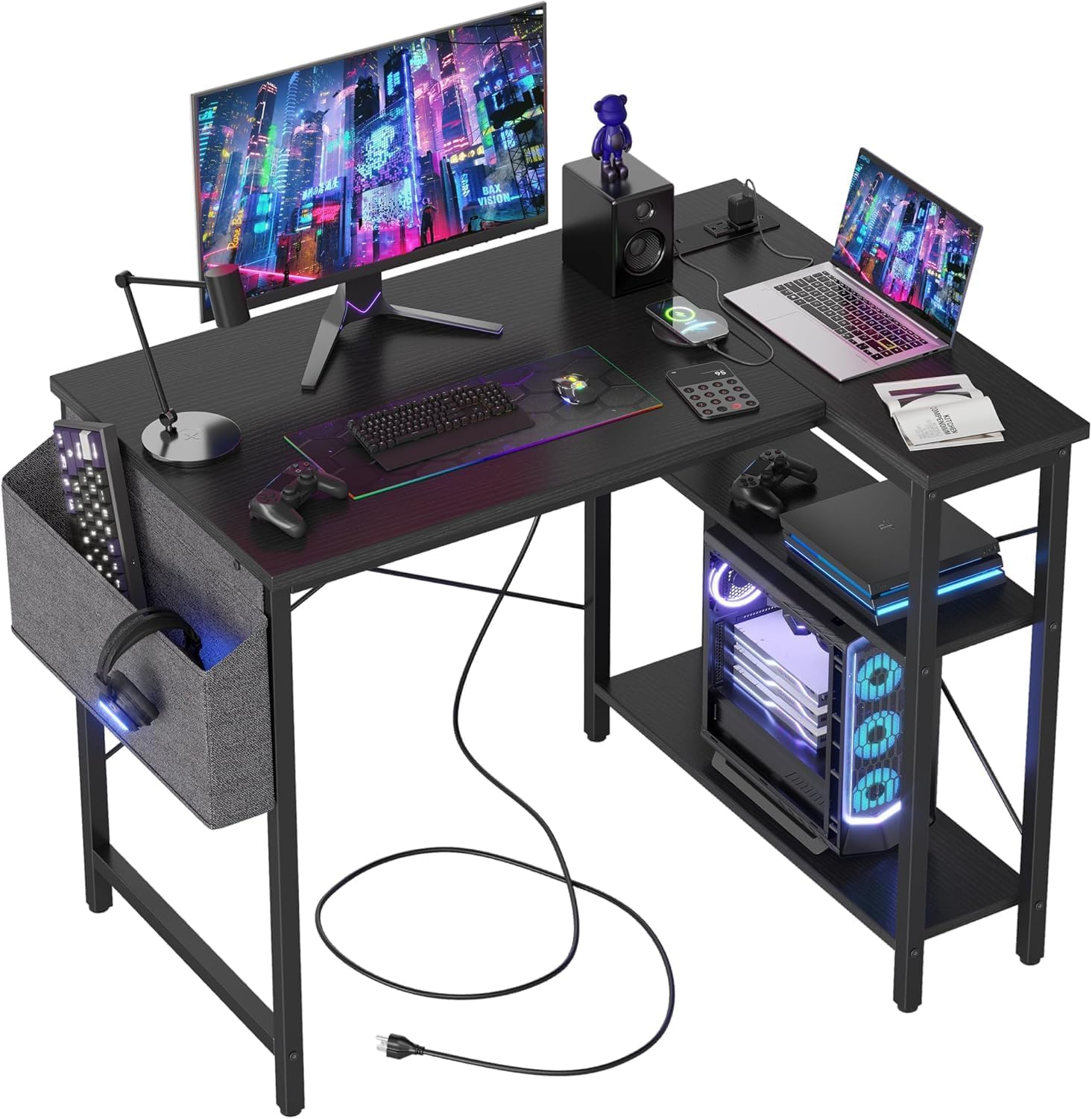 BEXEVUE L Shaped Gaming Desk with Power Outlets, 100x70 cm Computer Desk with St...