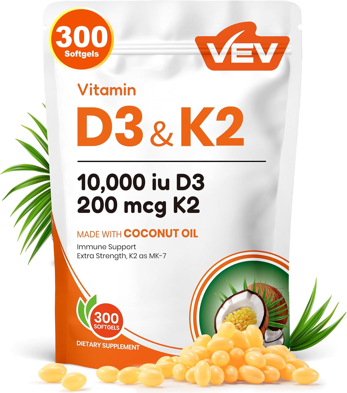 VEV Corefeel Vitamin D3 K2 10,000 IU, 200 mcg MK-7, 300 Coconut Oil Softgels, 2...