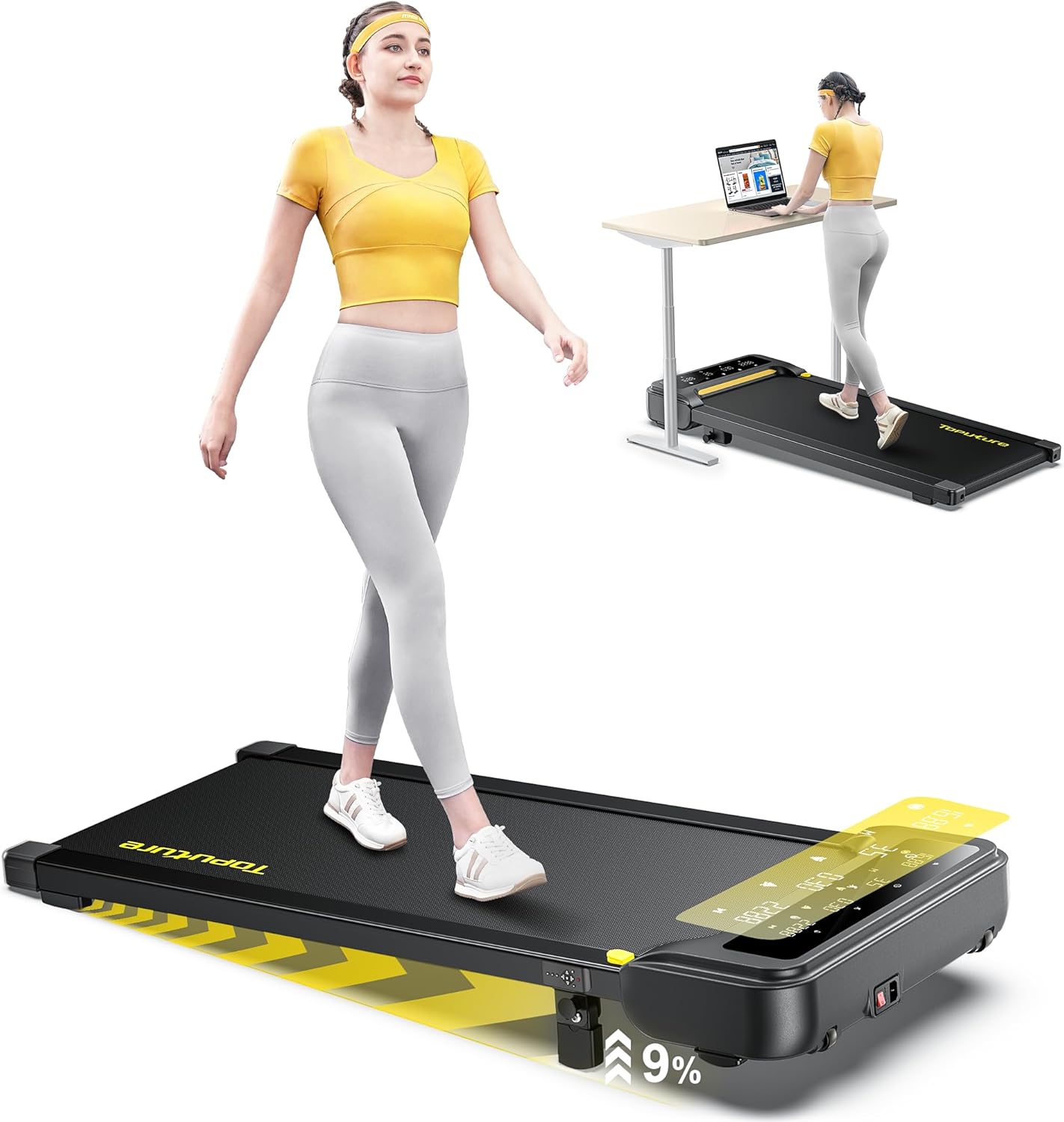 Toputure Walking Pad Treadmill for Home, 9% Incline Under Desk Treadmill, 2.5HP...