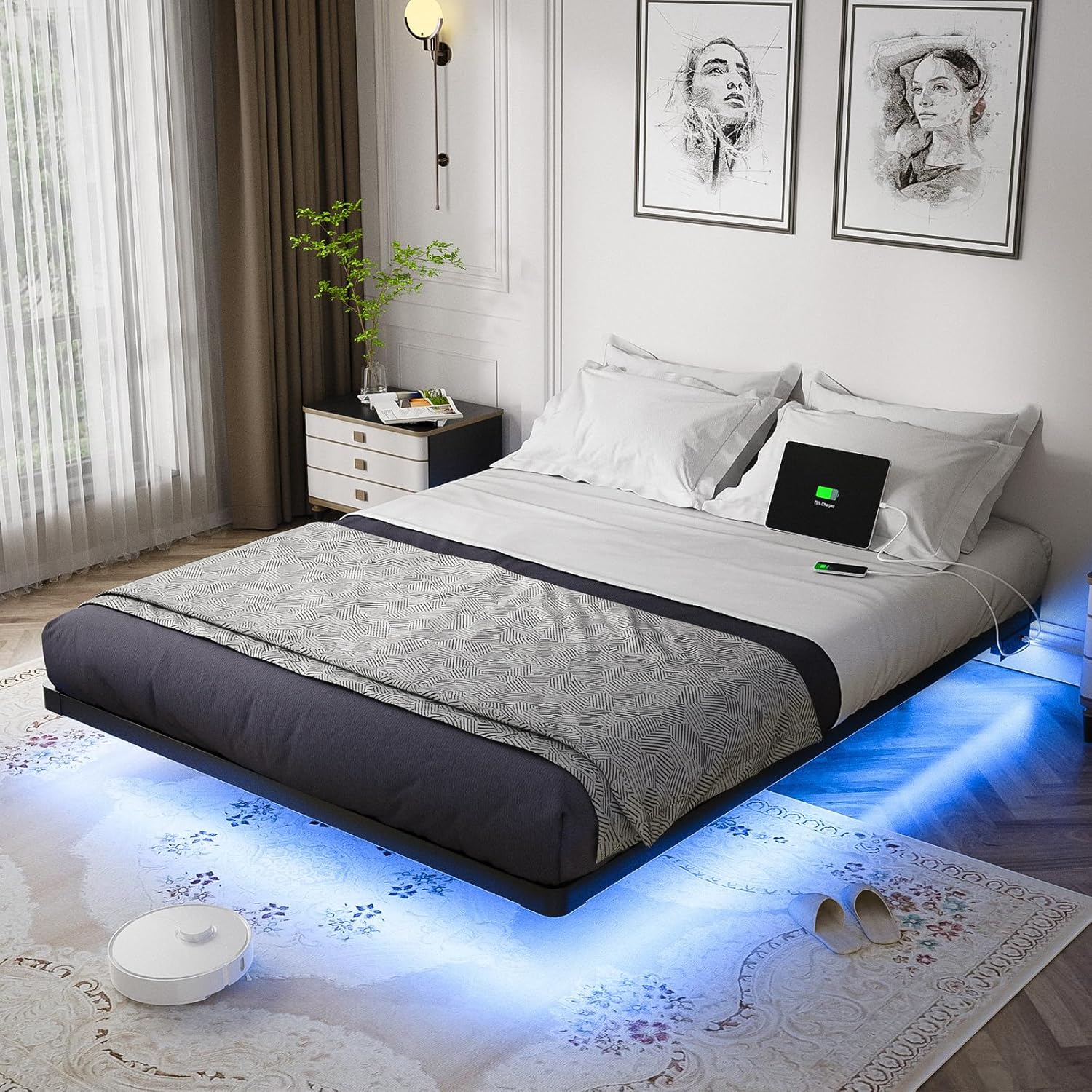 OLEVS Floating Bed Frame, Unique Queen Size Bed with Smart LED Lights, Innovativ...