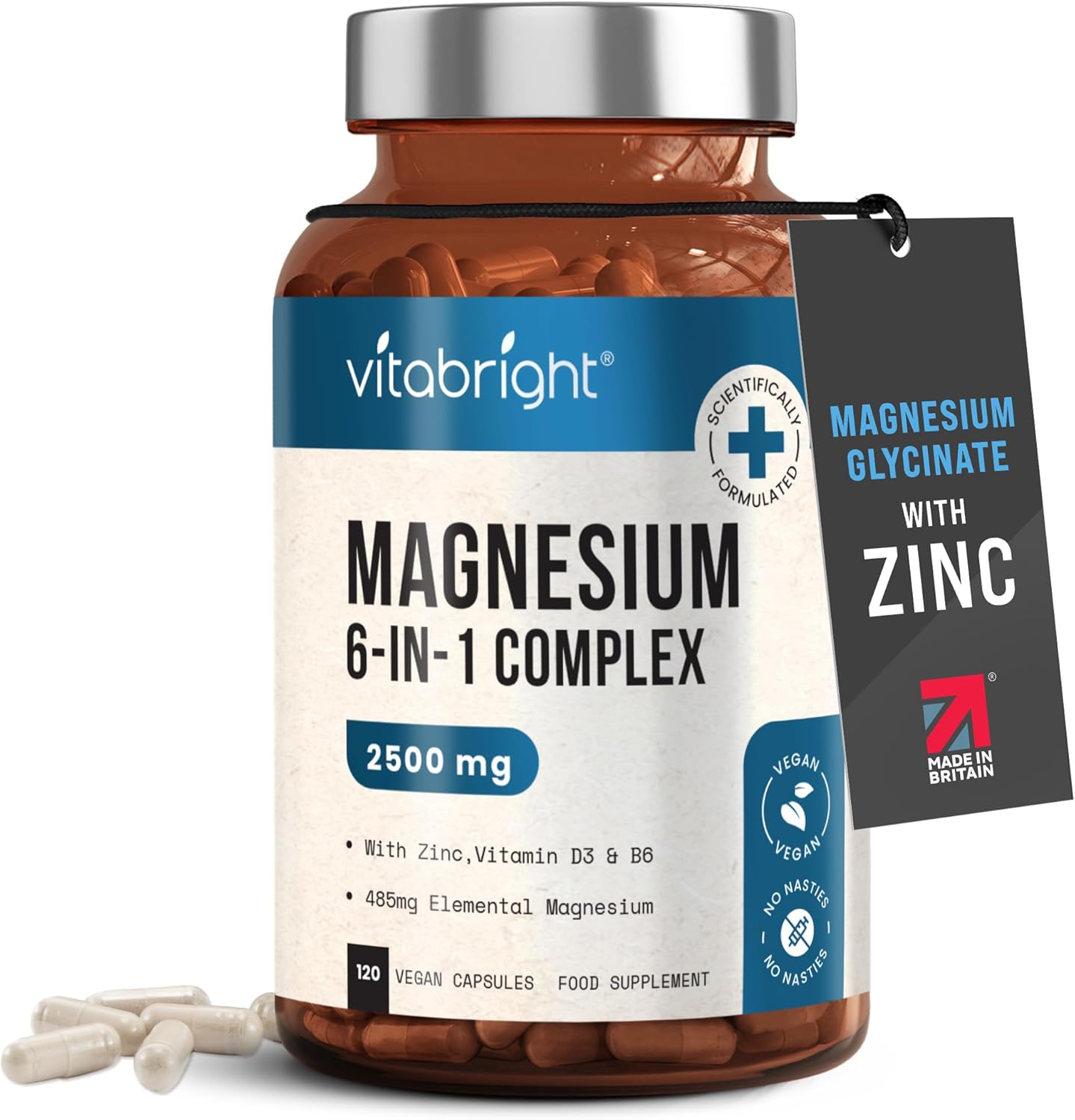 VitaBright Magnesium Glycinate Complex 6-in-1 | 2500mg~485mg Elemental | 120 Cap...