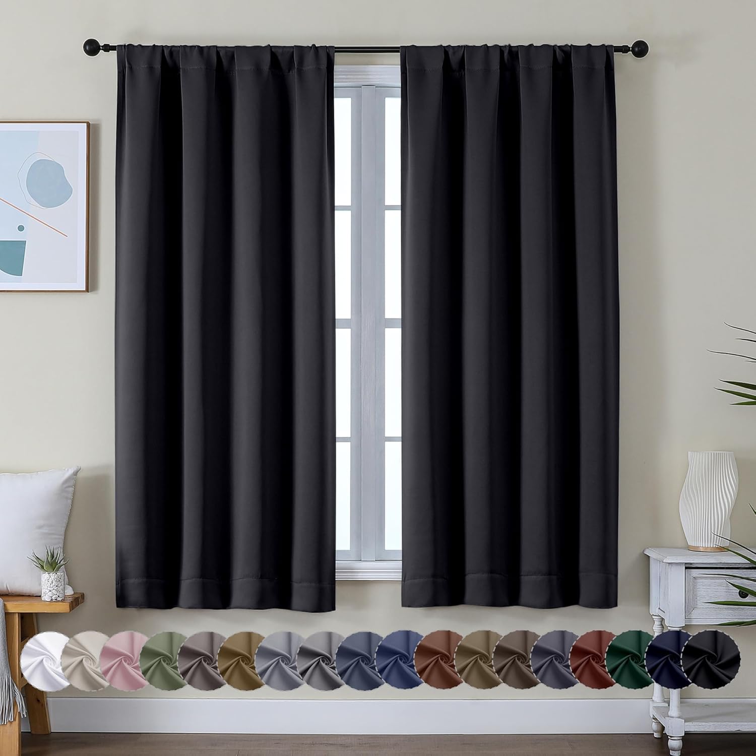 Simplebrand Ava Halloween Black Blackout Curtains for Bedroom 63 Inch Length 2 P...