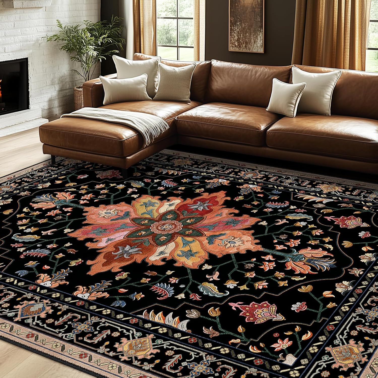 Area Rugs 8'x10', Unique Washable Non-Slip Carpet with Floral Vintage Distress P...