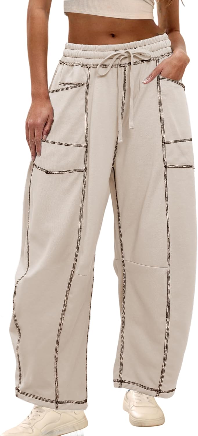 Athlisan Womens Baggy Barrel Pants Wide Leg Lounge Drawstring Sweatpants with Po...