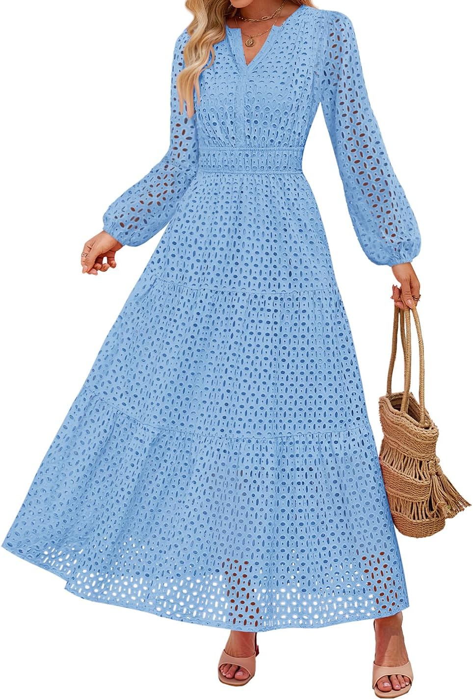 ZESICA Women's 2025 Fall Long Sleeve Maxi Dress V Neck Hollow Out Eyelet A Line...