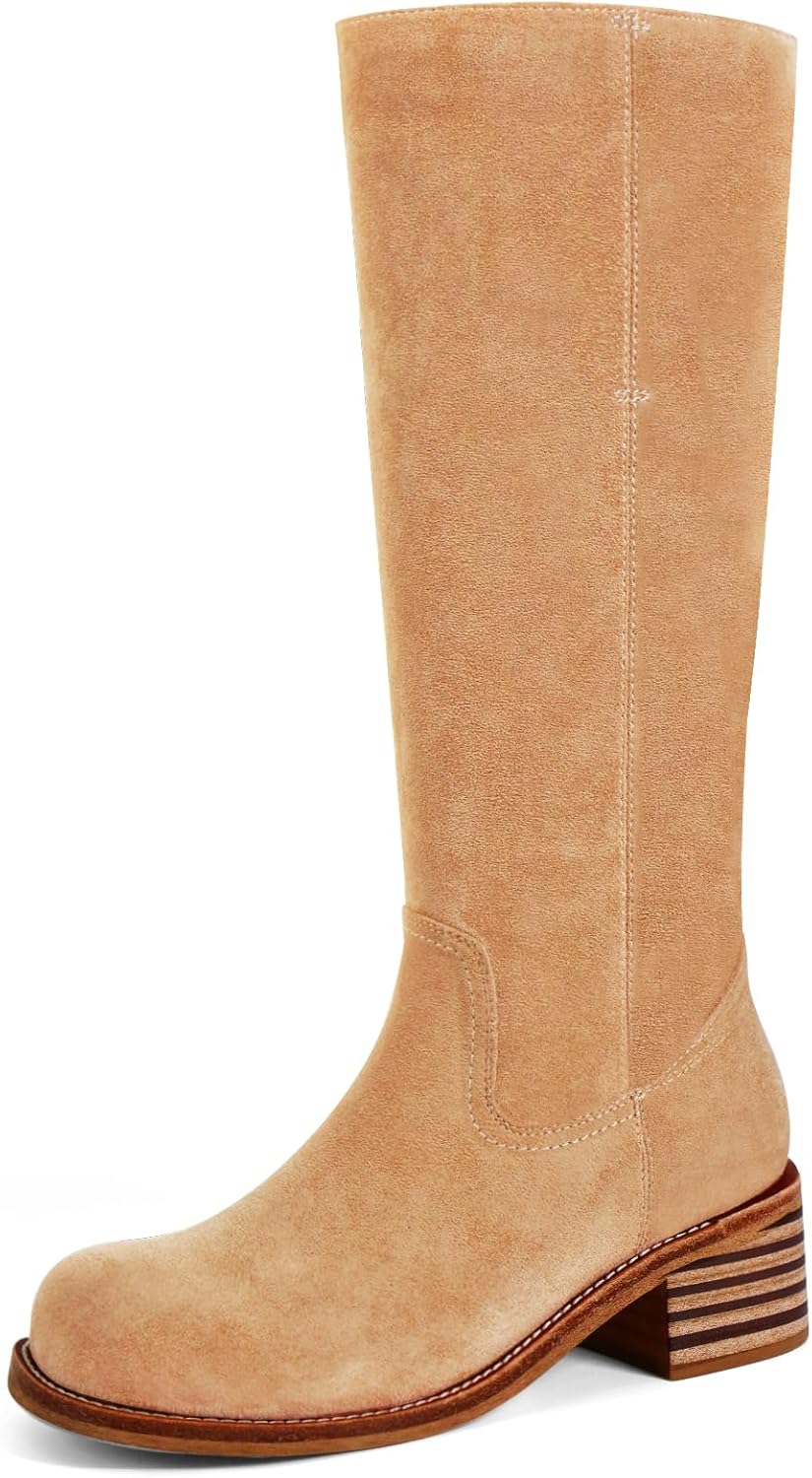Women's Knee High Boots, Unique Square Toe Chunky Block Heel Boots, Special Comf...