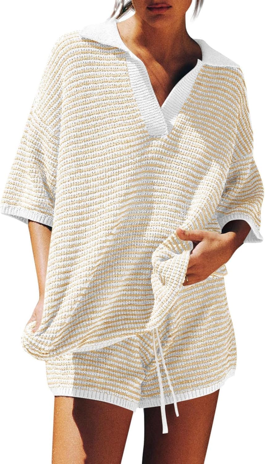 Tankaneo Womens Sweater Set 2 Piece Outfits Oversized 3/4 Sleeve V Neck Knit Top...