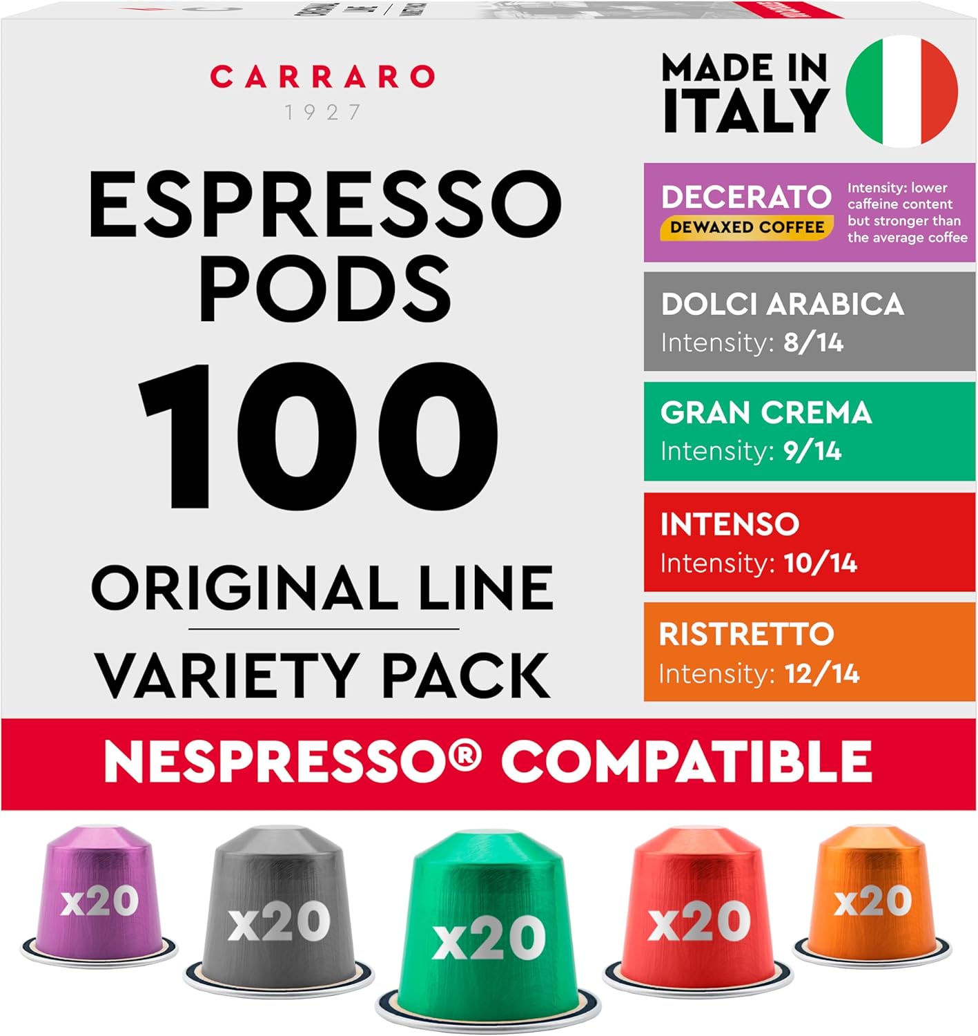 CARRARO 1927 Variety Pack Coffee Capsules - 100 Aluminium Coffee Pods Compatible...