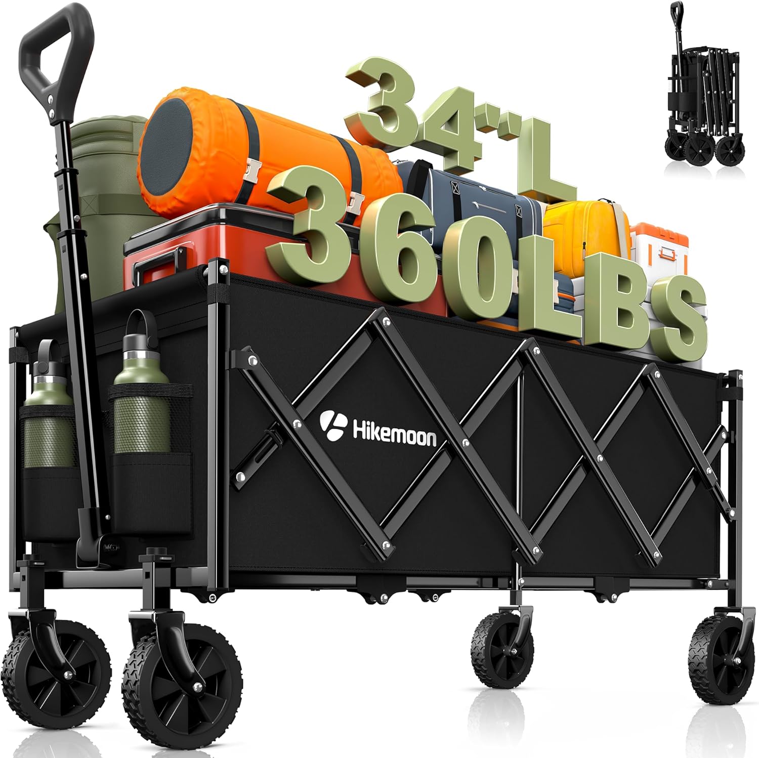 34'' Extra Long Collapsible Wagons Carts Foldable, 360LBS Heavy Duty Folding Bea...