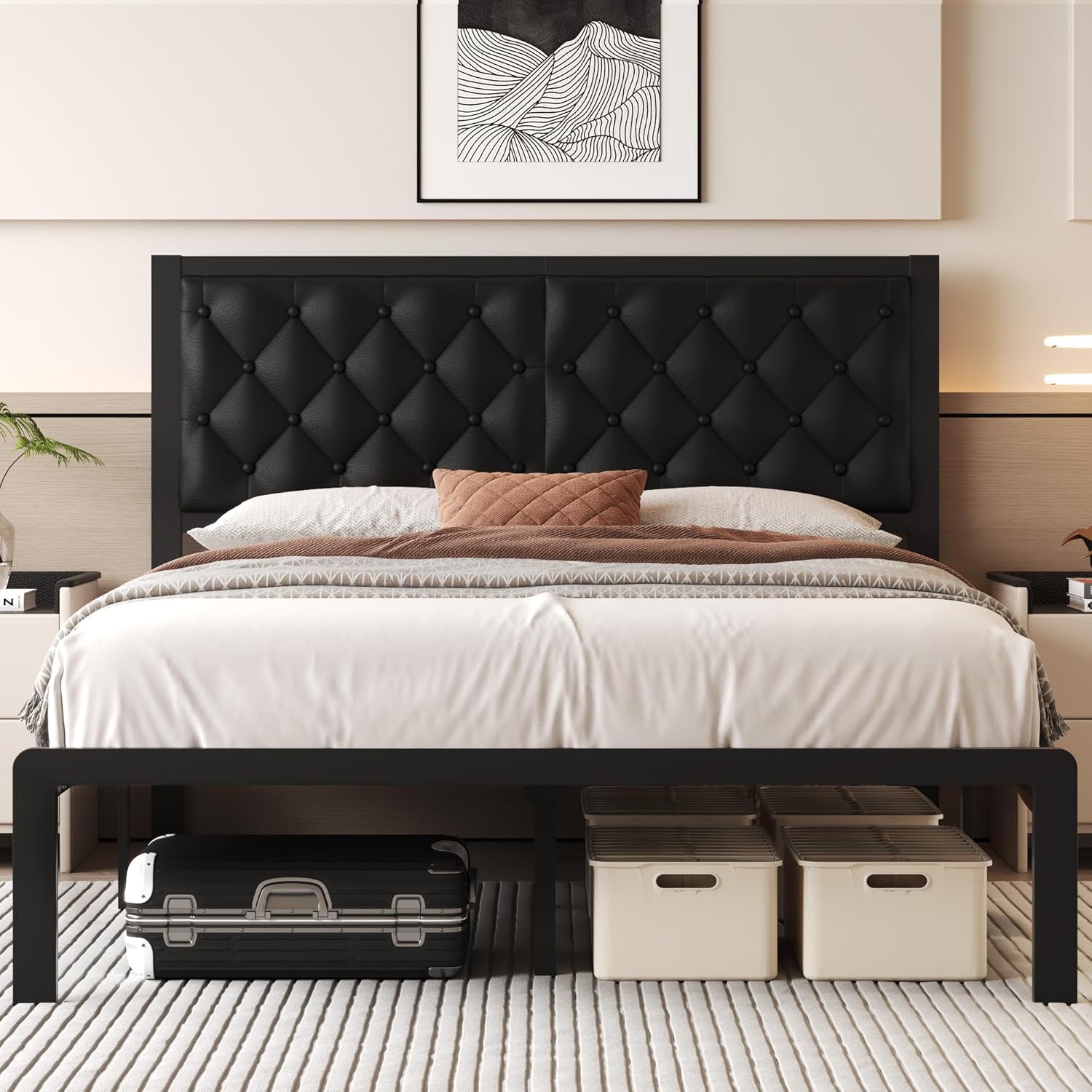 Queen Bed Frame with Headboard PU Leather Upholstered Bed Frame Platform,All Met...