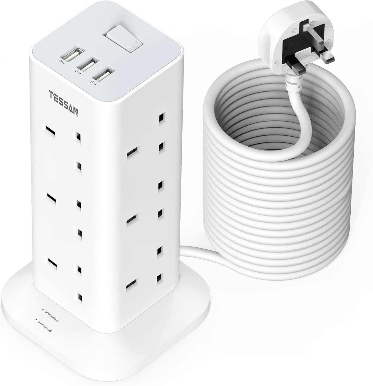 Tower Extension Lead 10M with 3 USB Slots, TESSAN 12 Way Multi Plug Extension So...