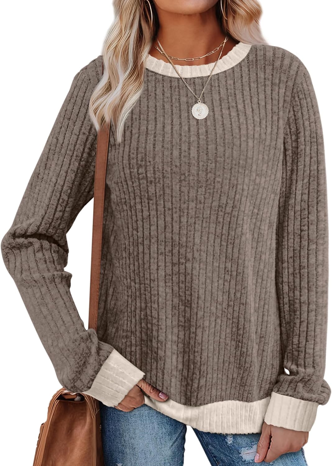 SAMPEEL Womens Tops Long Sleeve Shirts Lightweight Sweaters Loose Fit Crewneck C...
