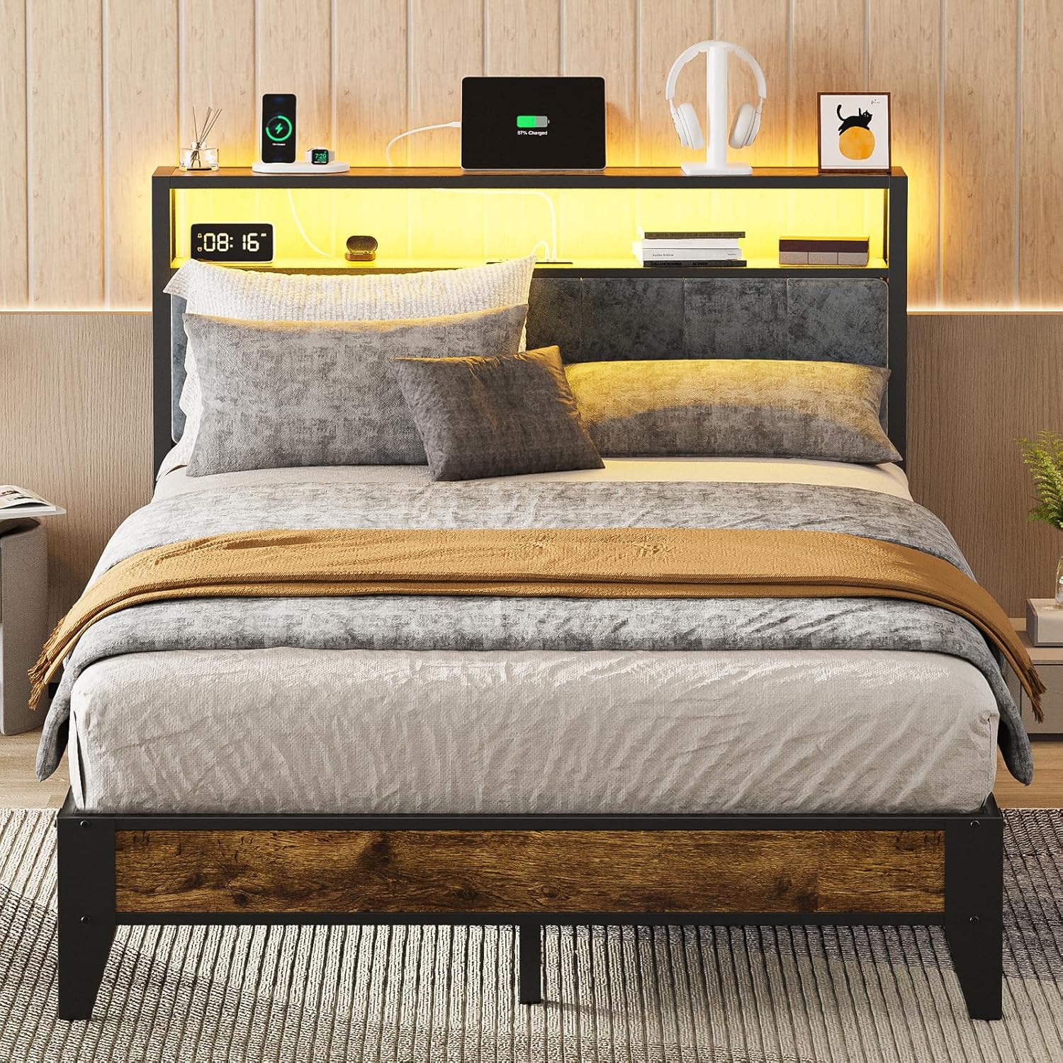 Innovative OLEVS Full Bed Frame, Special Metal Platform Bed with Headboard, Uniq...