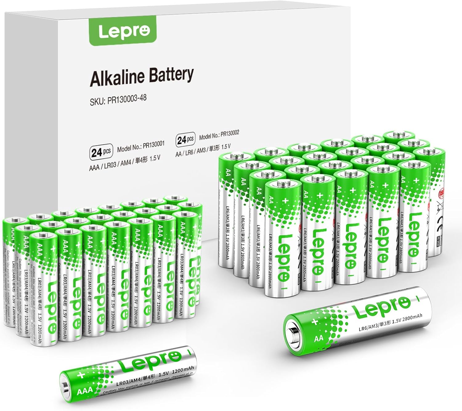 Lepro AA & AAA Batteries 48 Pack, 1.5 Volt Alkaline Batteries with High Capacity...