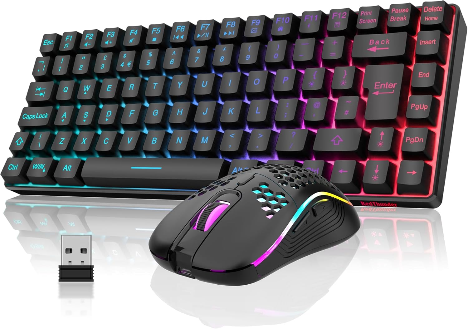RedThunder K84 75% Wireless Gaming Keyboard and Mouse Rainbow Backlight UK Layou...