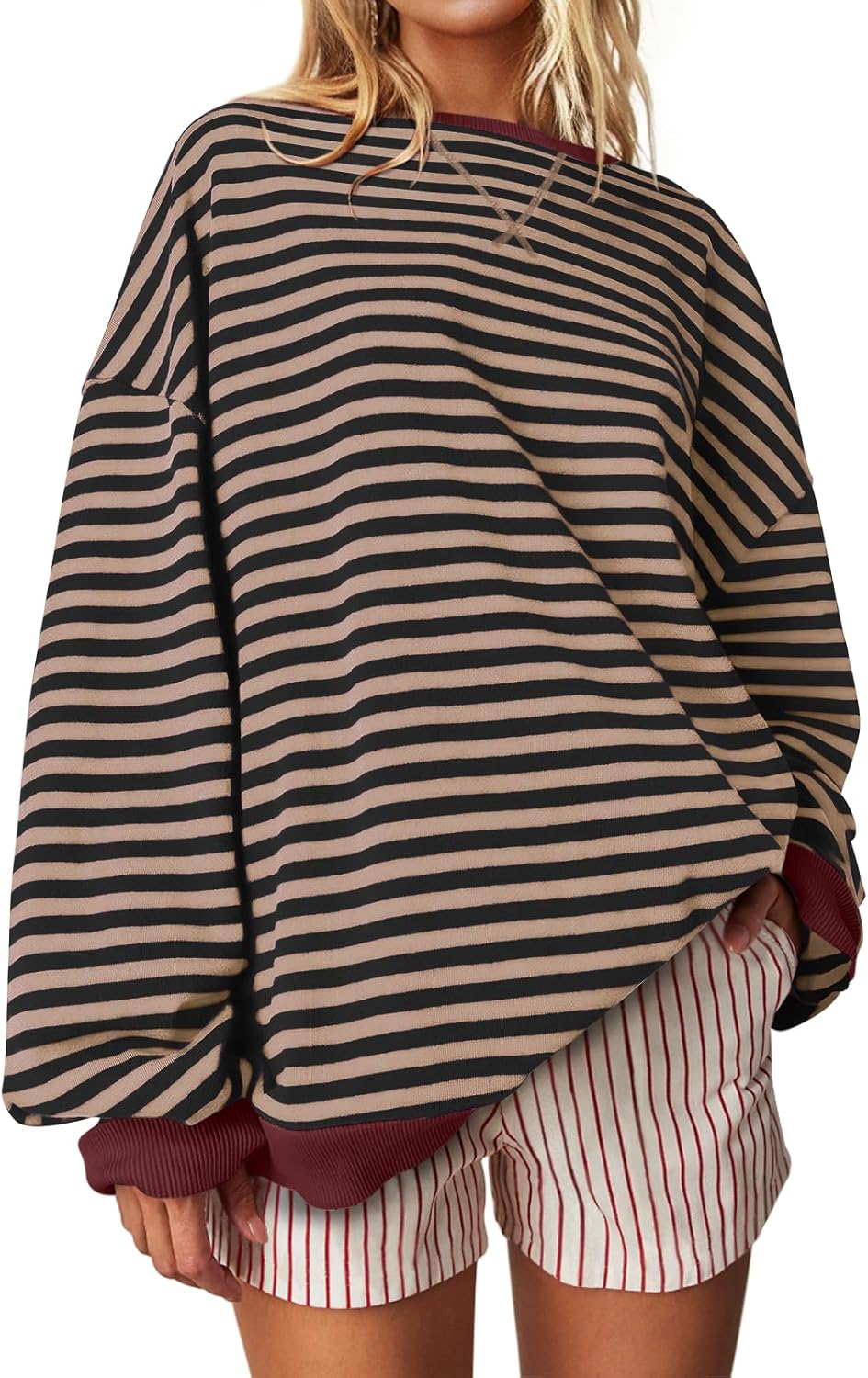 UEU Women Oversized Sweatshirt, Stylish Striped Crewneck Pullover, Special Long...