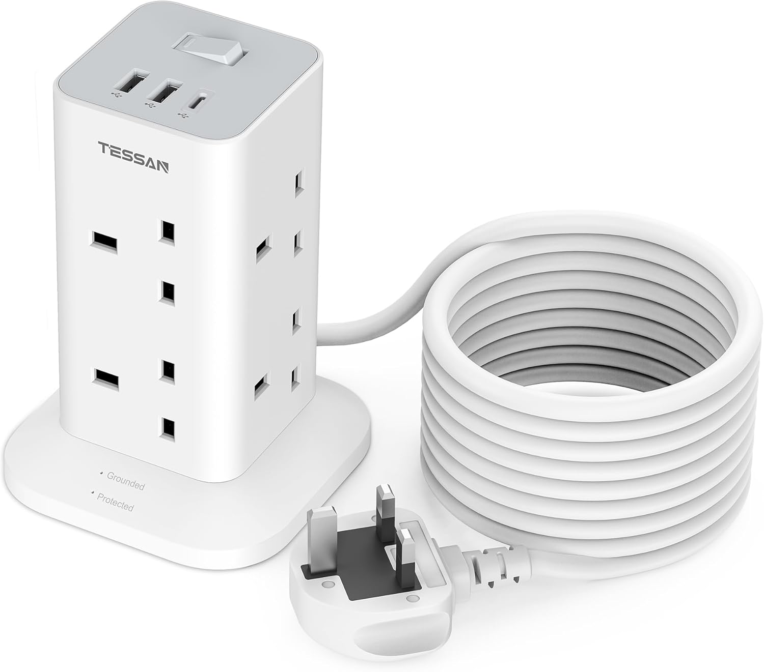 Tower Extension Lead 5M with USB C Slots, TESSAN Surge Protected 8 Way Multi Plu...