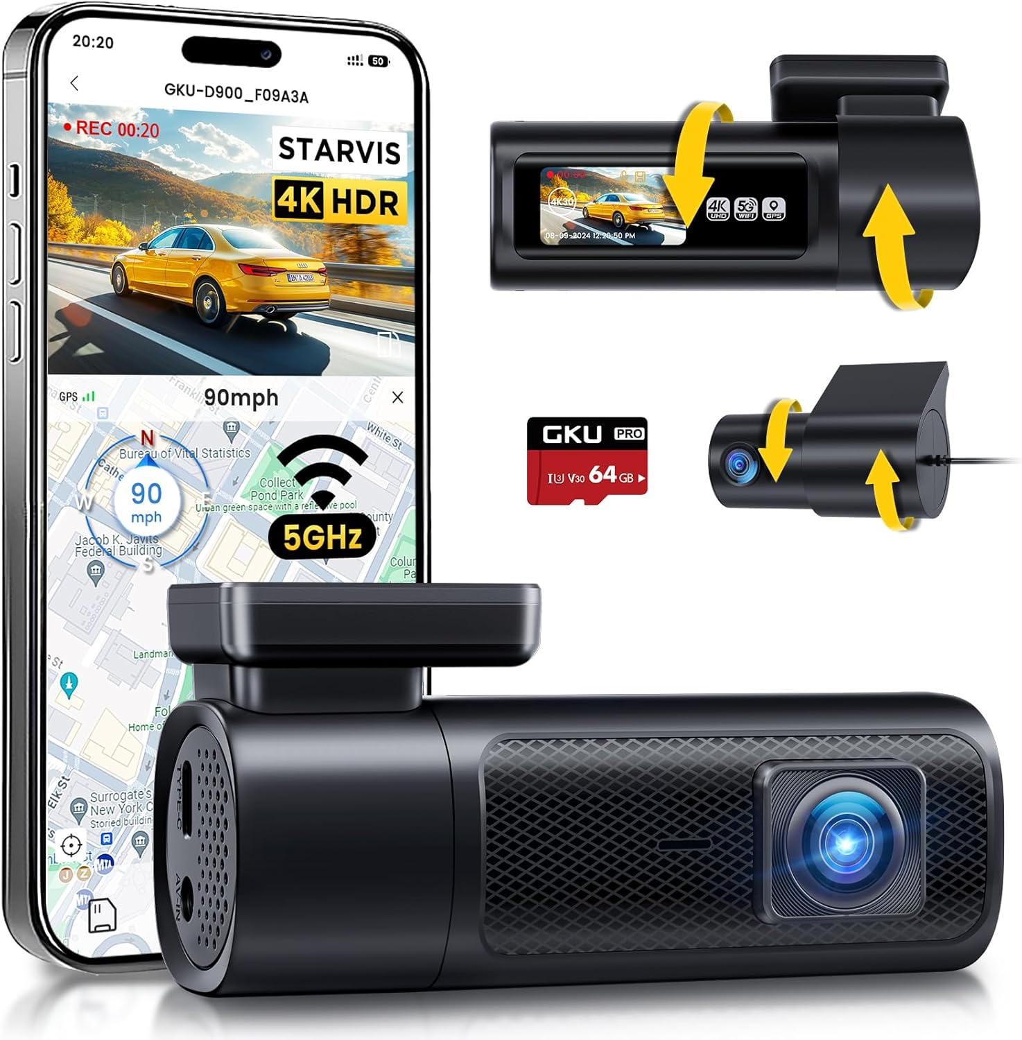 High-Quality GKU 4K 2.5K Dash Cam, Premium Dash Cam Front and Rear with 5Ghz Wi-...