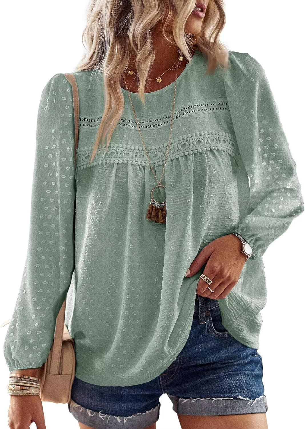 Trendy Women's Fall Tops, Special Casual Chiffon Blouses with Crewneck Long Slee...