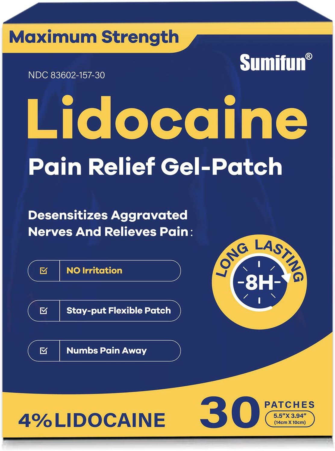Sumifun 4% Lidocaine Pain Relief Patches 30 Count Maximum Strength Numbing Gel P...