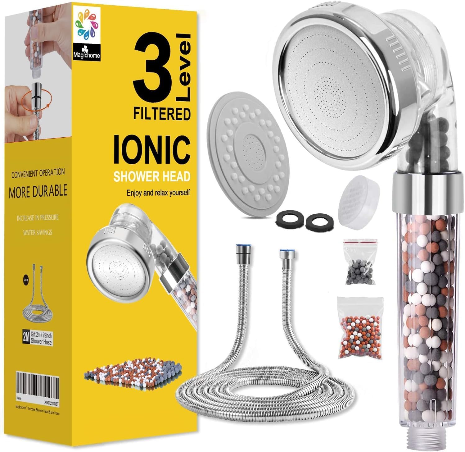 Magichome Shower Head and Hose 2m, 3-Layer Filtration Ionic Shower Head, Univers...