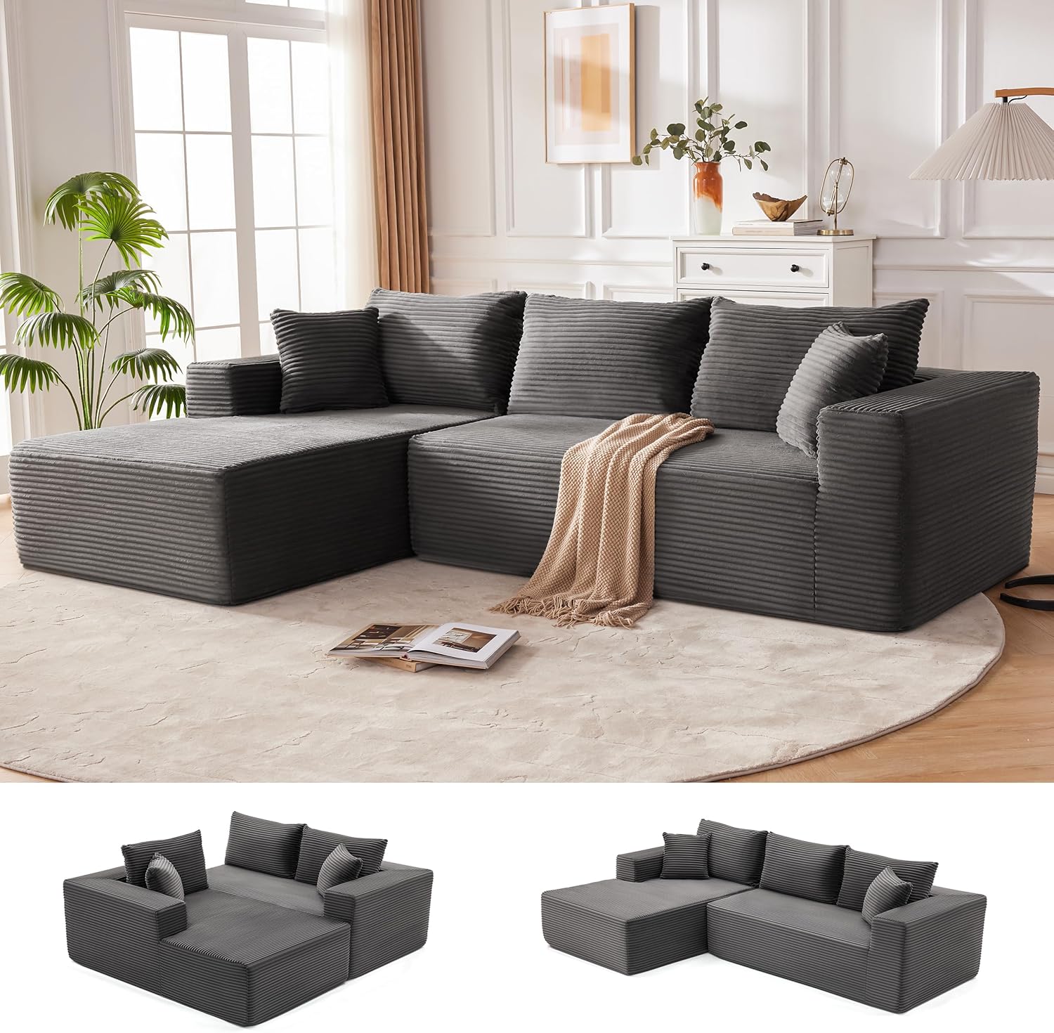 110” Cloud Sectional Couch, Boneless Sofa for Living Room, Modular Sectional Sof...
