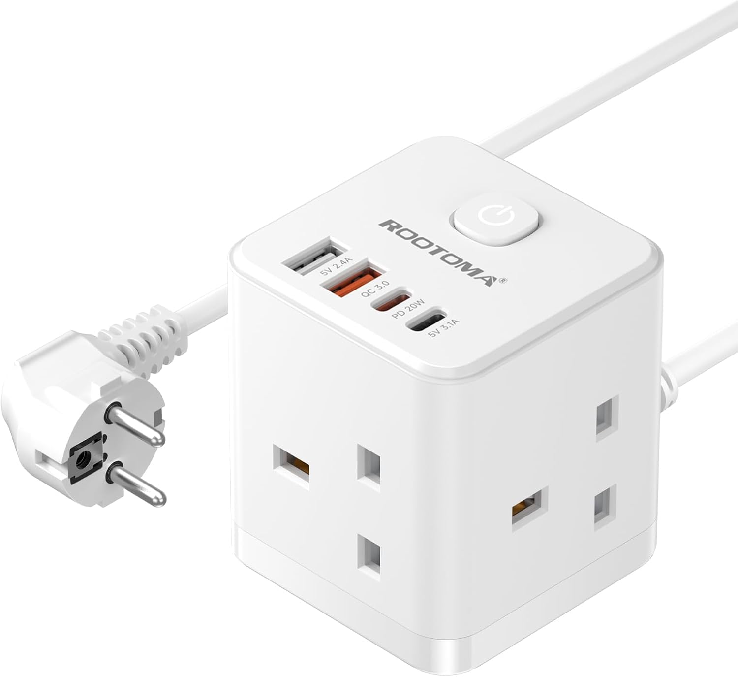 UK to European Plug Adapter with 1.5M Extension Cable 3 Way 3 Fast Charging USB...