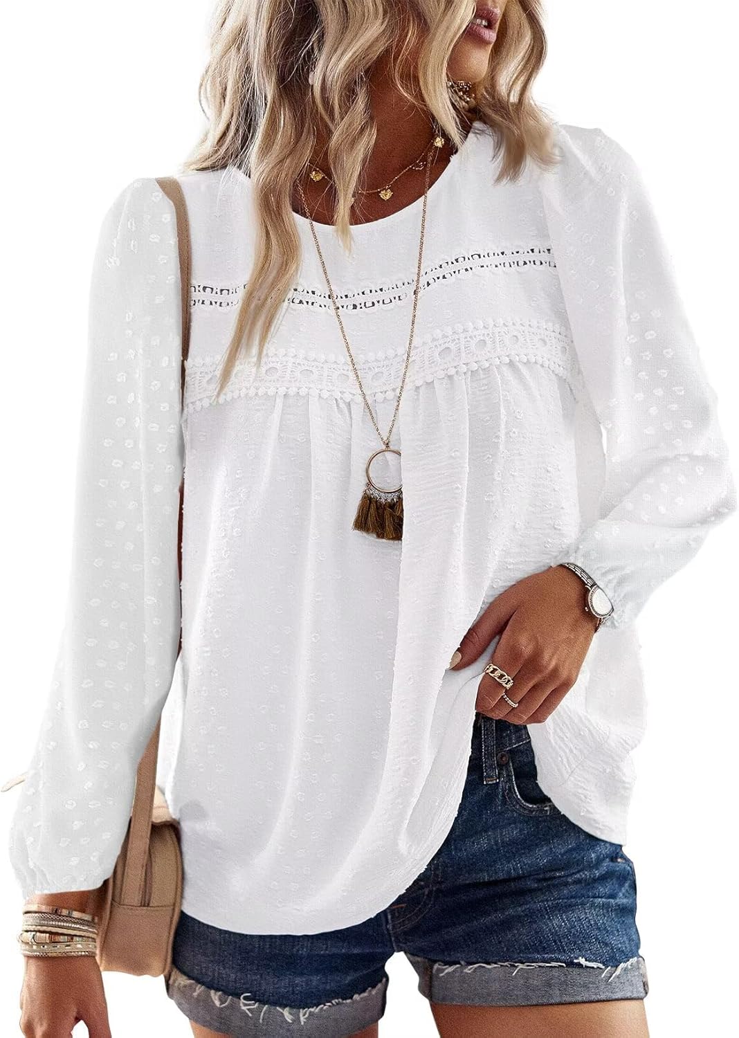 Womens Fall Tops, Unique Crewneck Long Sleeve Shirts, Stylish Casual Chiffon Blo...