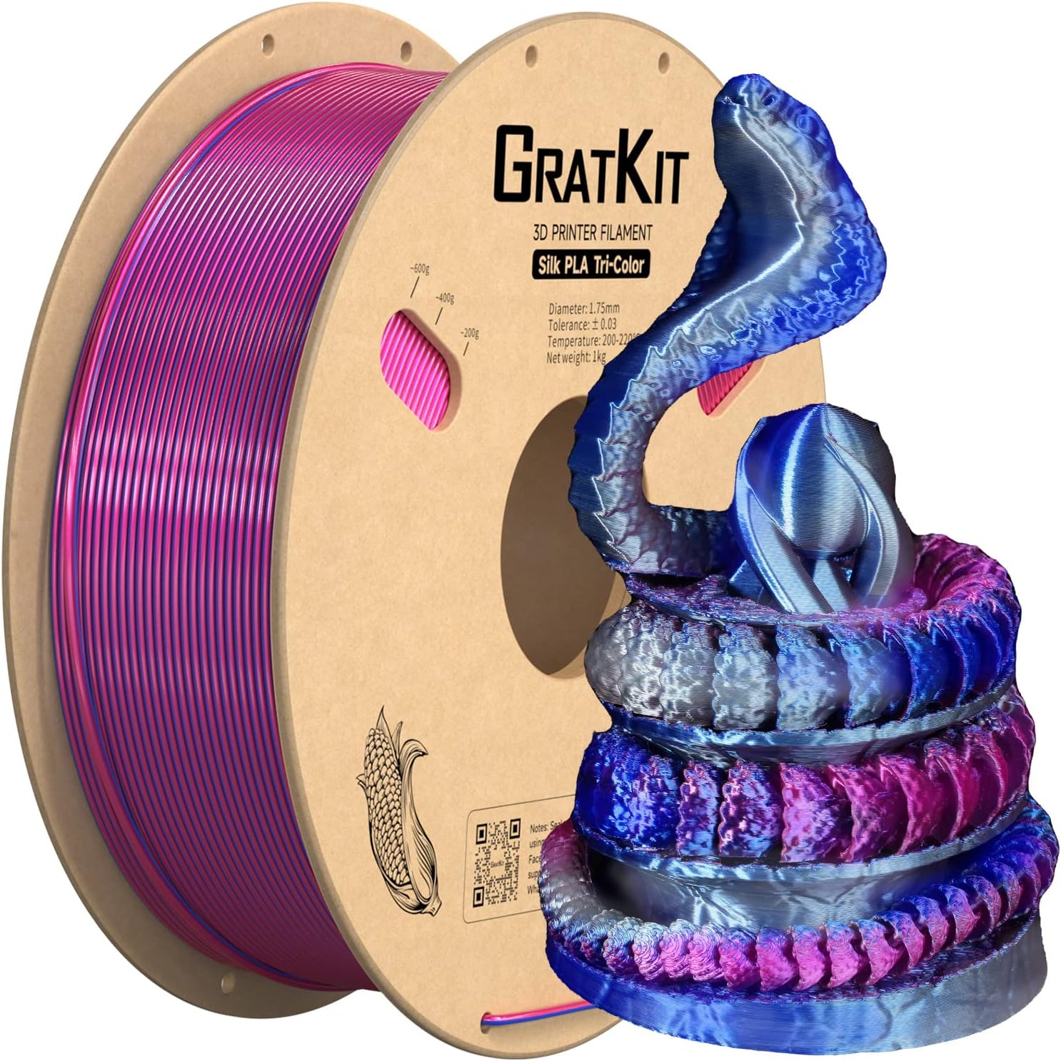 Gratkit Silk Tri-Color PLA Filament，3D Printer Filament 1.75mm, -0.03mm, 1KG/Ro...
