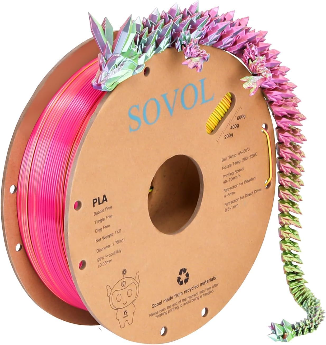 Sovol PLA Filament Silk Tri Color Co-Extrusion 1.75mm, 3D Printer Filament 1kg/...
