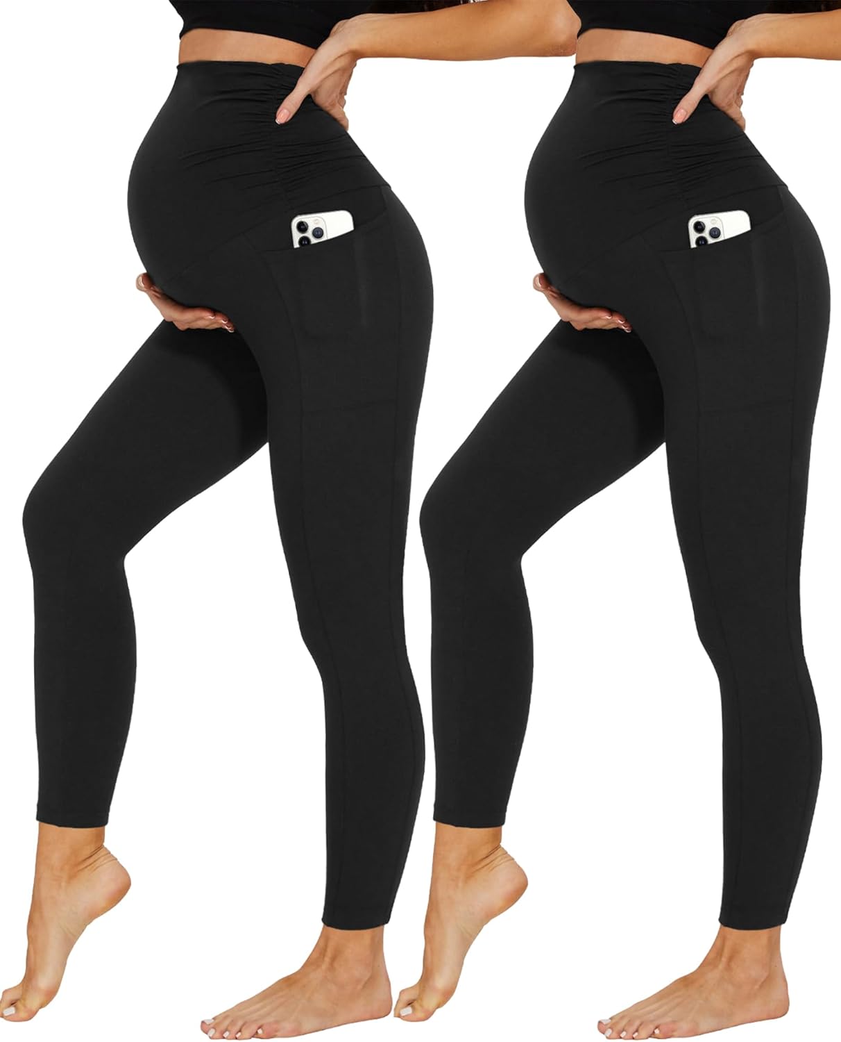 DDOBB 2 Pack Maternity Leggings Over Bump with Pockets High Waist Black Soft Bel...