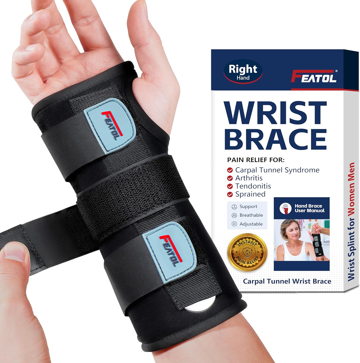 FEATOL Wrist Brace Hand Brace, Carpal Tunnel Wrist Splint Night Support for Wome...