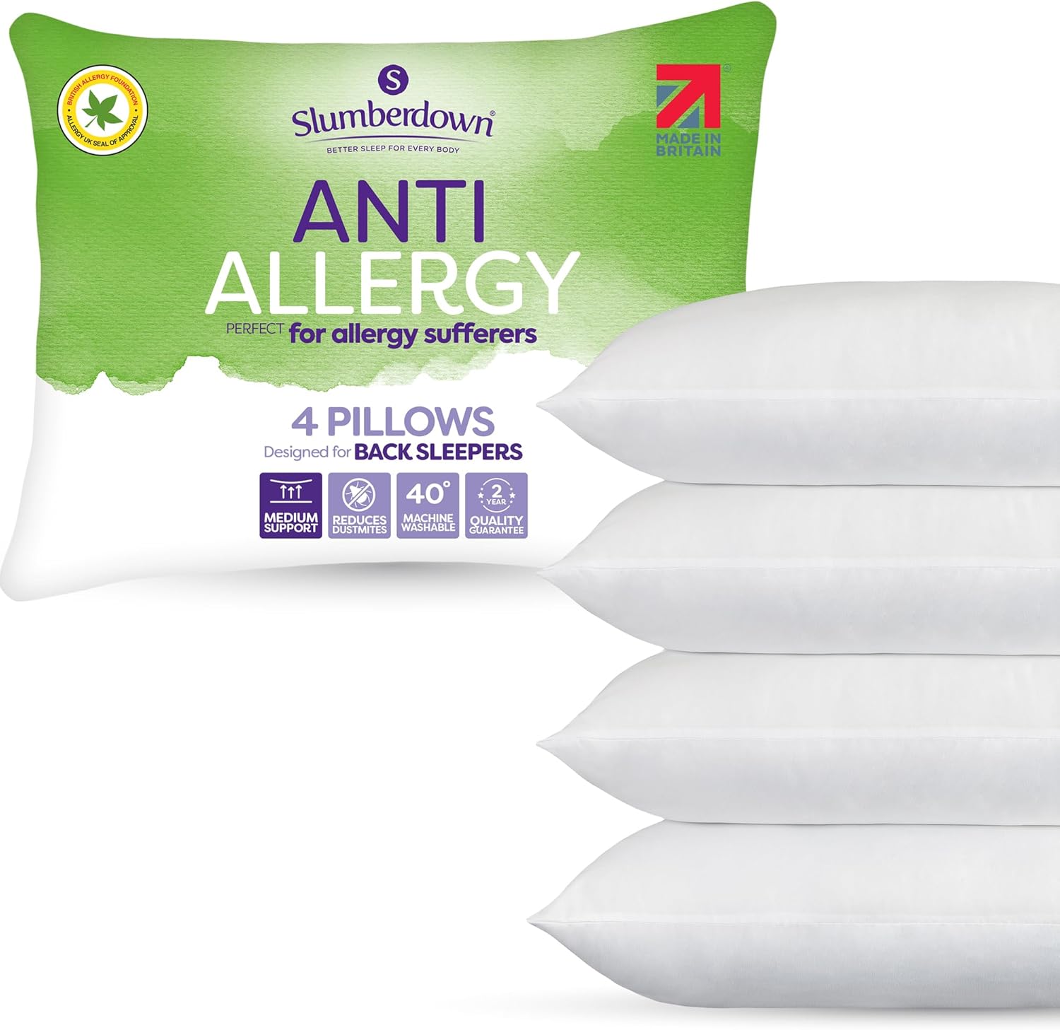 Slumberdown Anti Allergy Pillows 4 Pack - Allergy UK Approved Medium Support Bac...