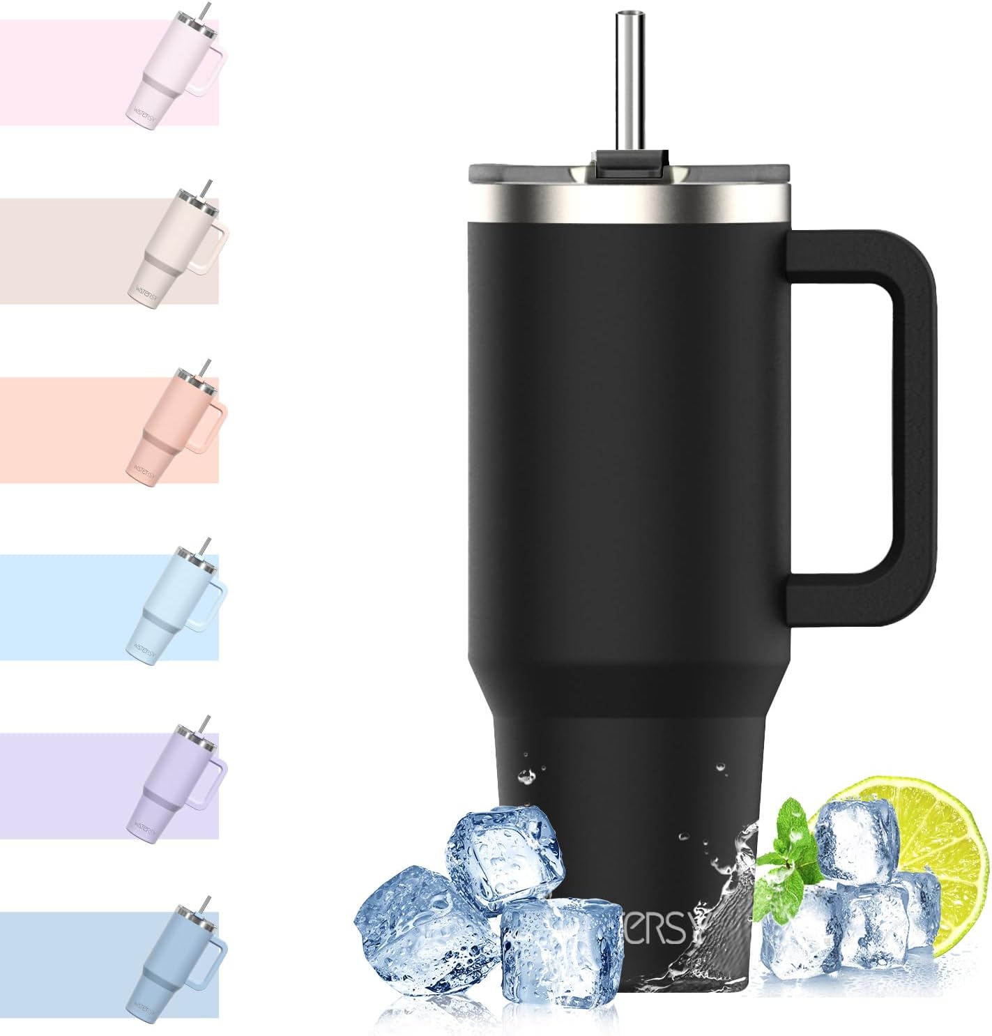 WATERSY Travel Mug Coffee Cup 40oz Tumbler Straw Lid and Handle, Stainless Steel...
