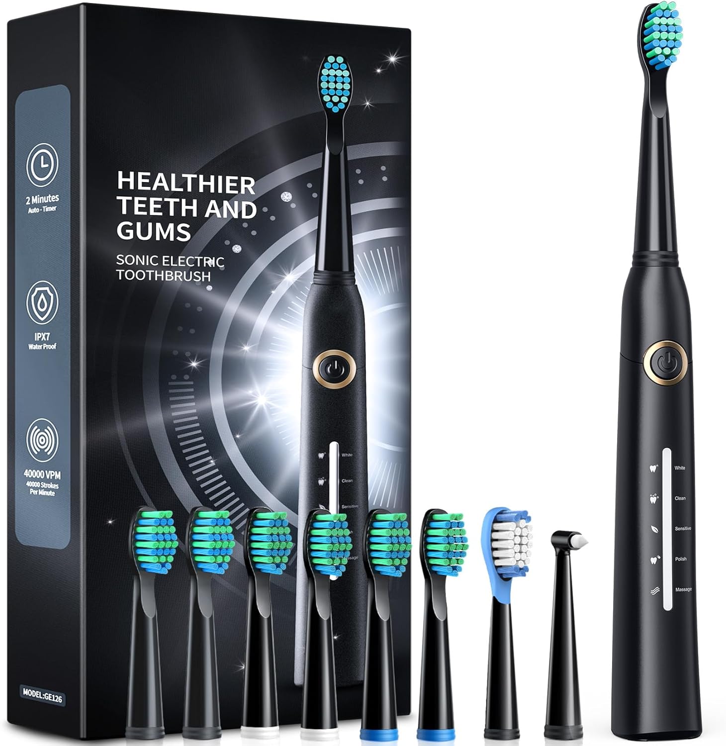 Electric Toothbrush, Sonic Toothbrushes with 8 Brush Heads 40000 VPM 5 Modes, So...