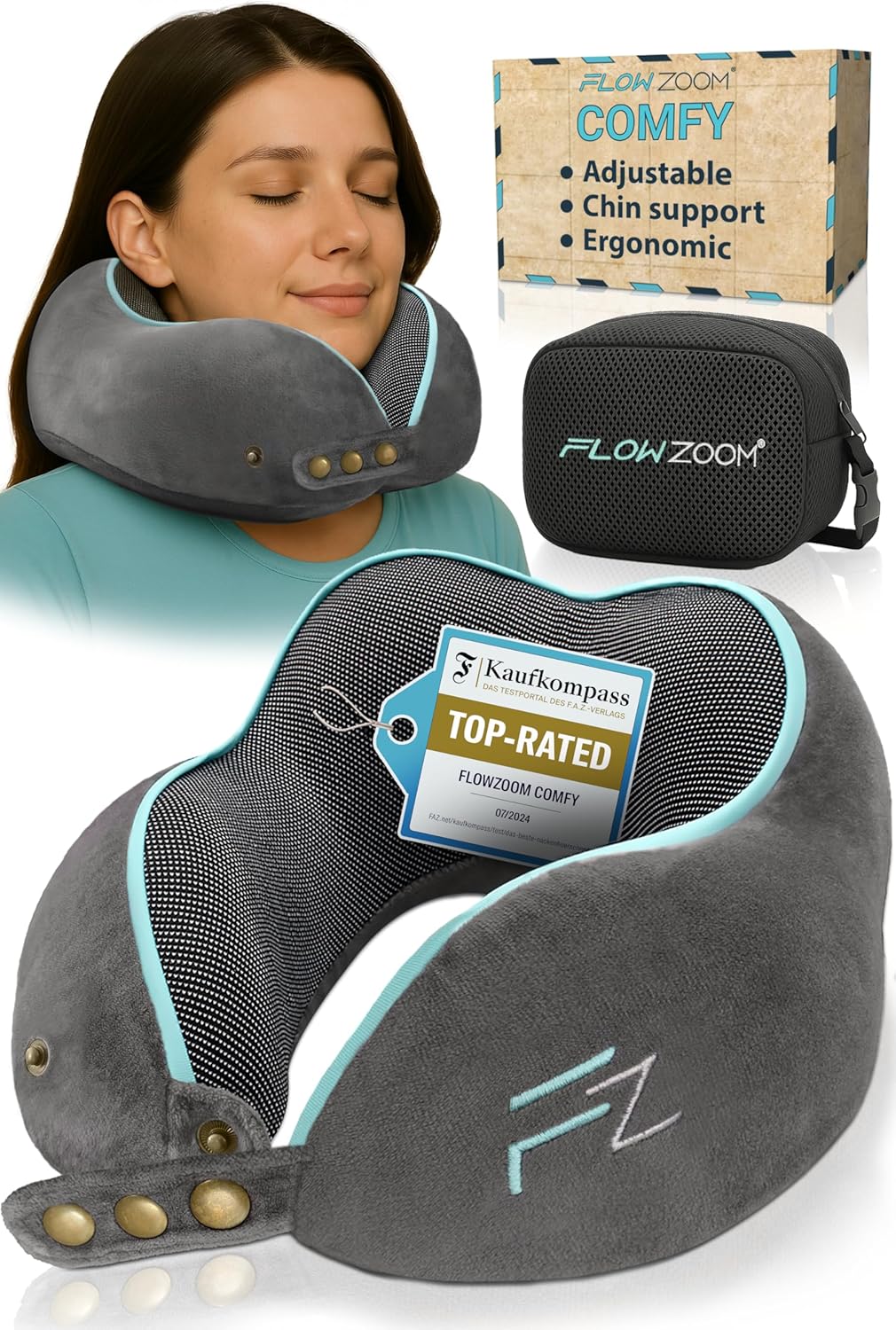 FLOWZOOM Comfy Memory Foam Travel Pillow for Airplane & Car – Adjustable Neck Cu...