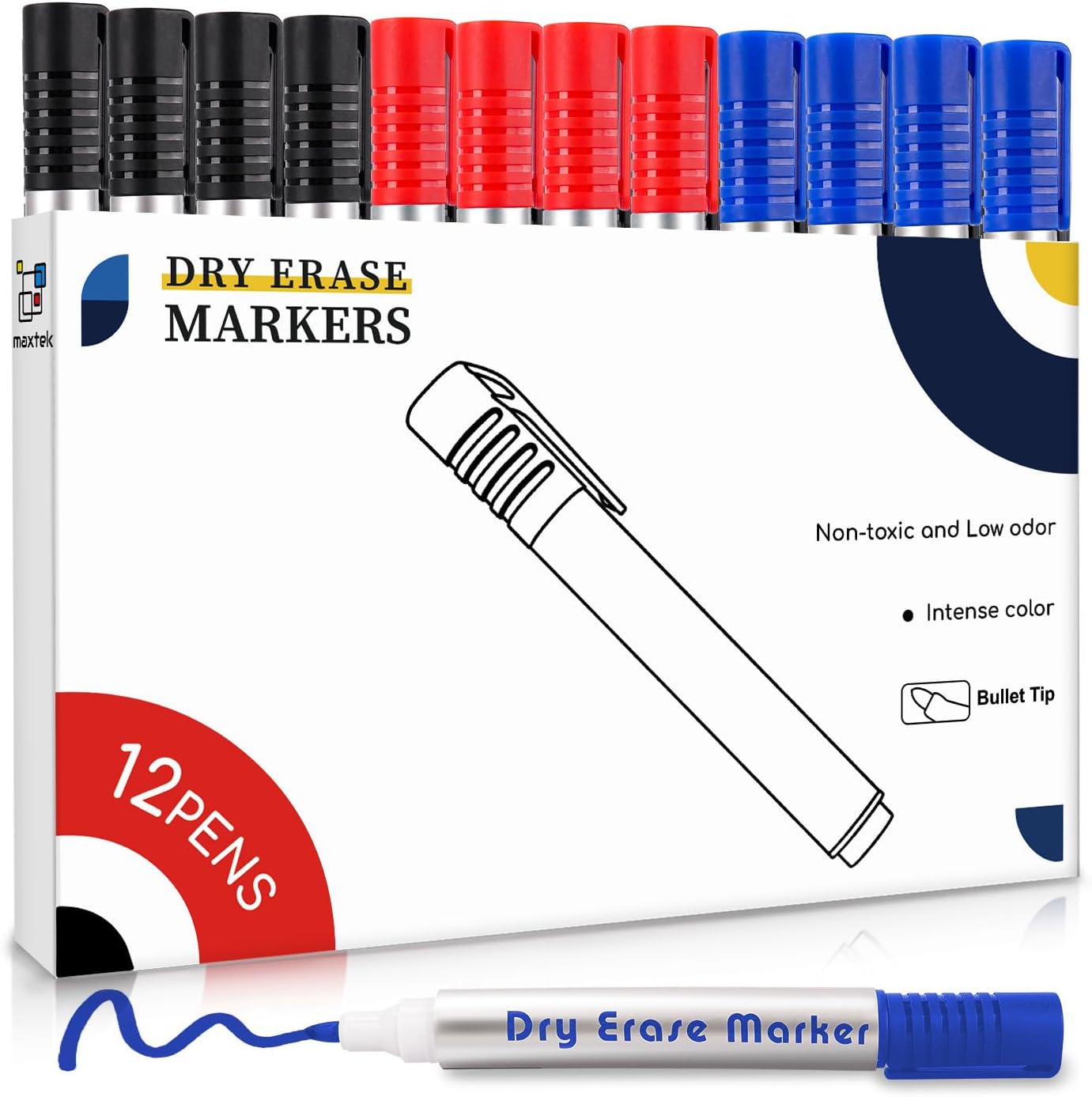maxtek Whiteboard Pens, 12pcs Whiteboard Markers 3 Assorted Colours Black Blue R...